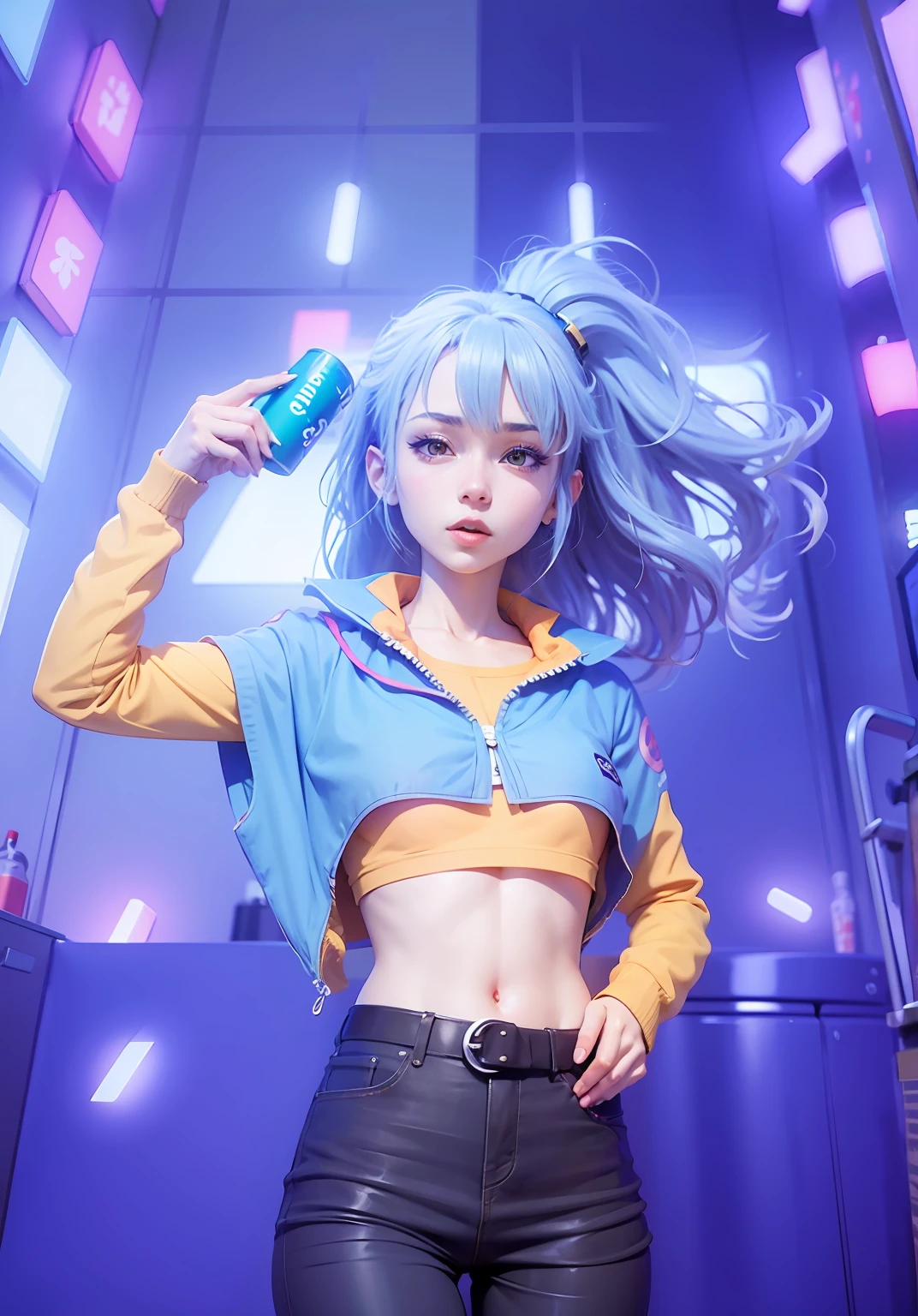 anime girl with blue hair and orange top posing in a room, Anime style mixed with Fujifilm, anime girl drinks energy drink, Anime style. 8K, anime style 4 k, 8 0 s anime vibe, realistic anime 3 d style, 8 0 s anime style, ross tran style, anime styled 3d, anime girl in real life, anime-inspired