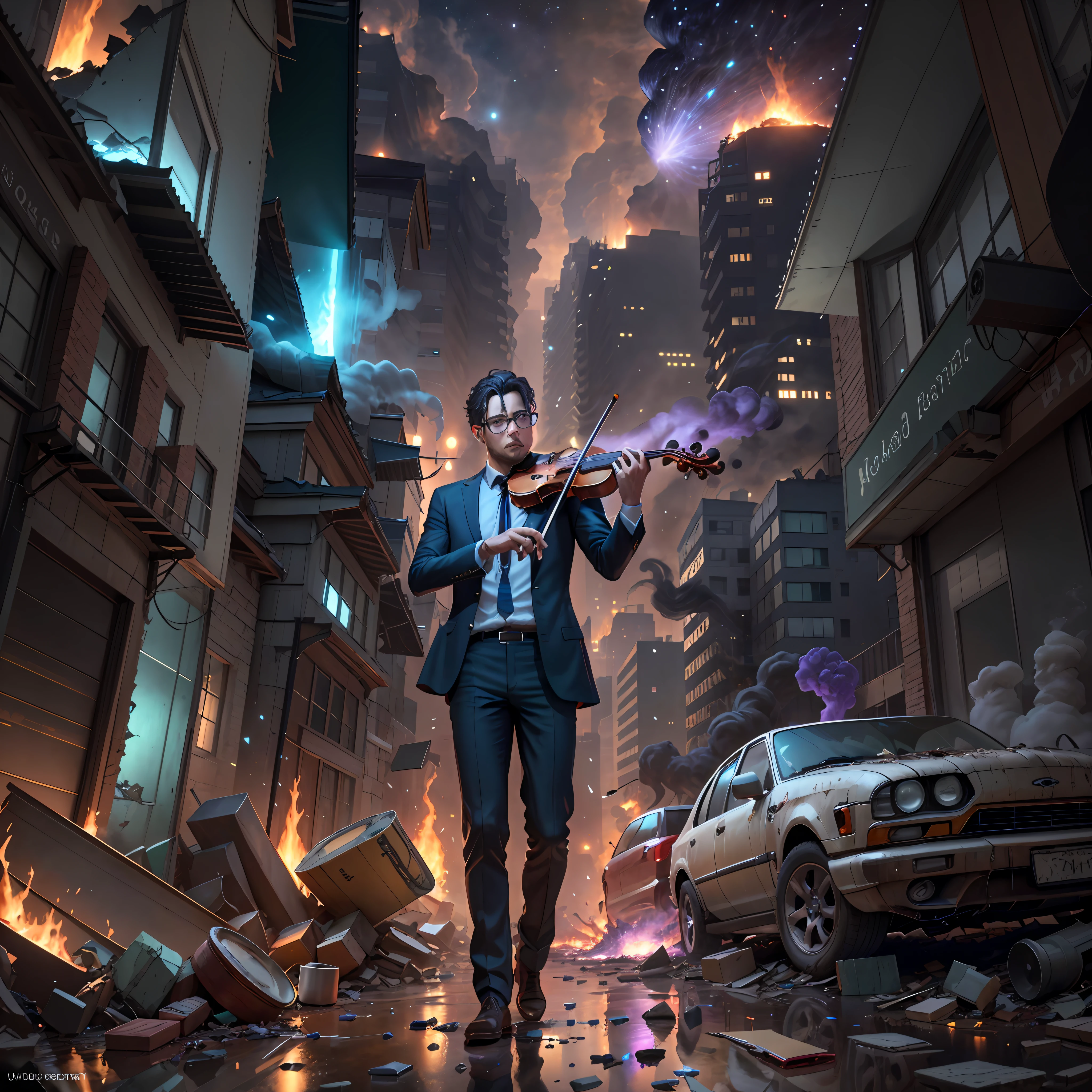 imagine an image of man playing violin calmly in the street of ruined city, wearing suit, detailed hands and fingers, huge fires and dense smoke, supernova at sky, night time, scene is full of some destroyed cars, scattered glasses and broken pieces, perplexed and scary environment, violet colour overwhelmed, at the movement of surprise and breathtaking, hyper realistic, detailed hands and violin, ultra detailed, unreal engine, octane render, UHD, 8k resolution, masterpiece, front view