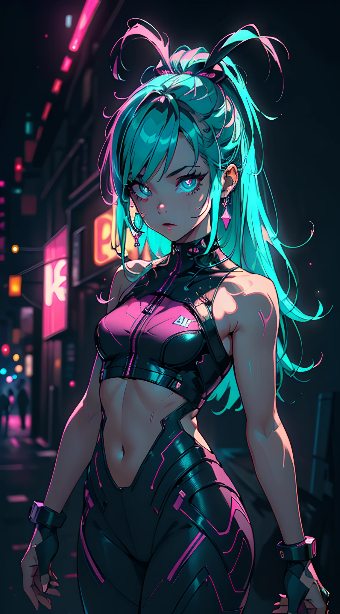 (masterpiece, best quality, dynamic pose:1.4), absurdres, cowboy shot, delicate girl, teen, , (pink and cyan theme, neon lights:1.2), (dark theme, dark background:1.4), perspective, depth of field, thighs, thin arms, thin waist, facelight, clear lighting, film grain, chromatic aberration, HDR, sharp focus, highres, photography, realistic, highest detailed, extreme detailed, ultra detailed, finely detail, detailed face, detailed eyes, sharp pupils, realistic pupils