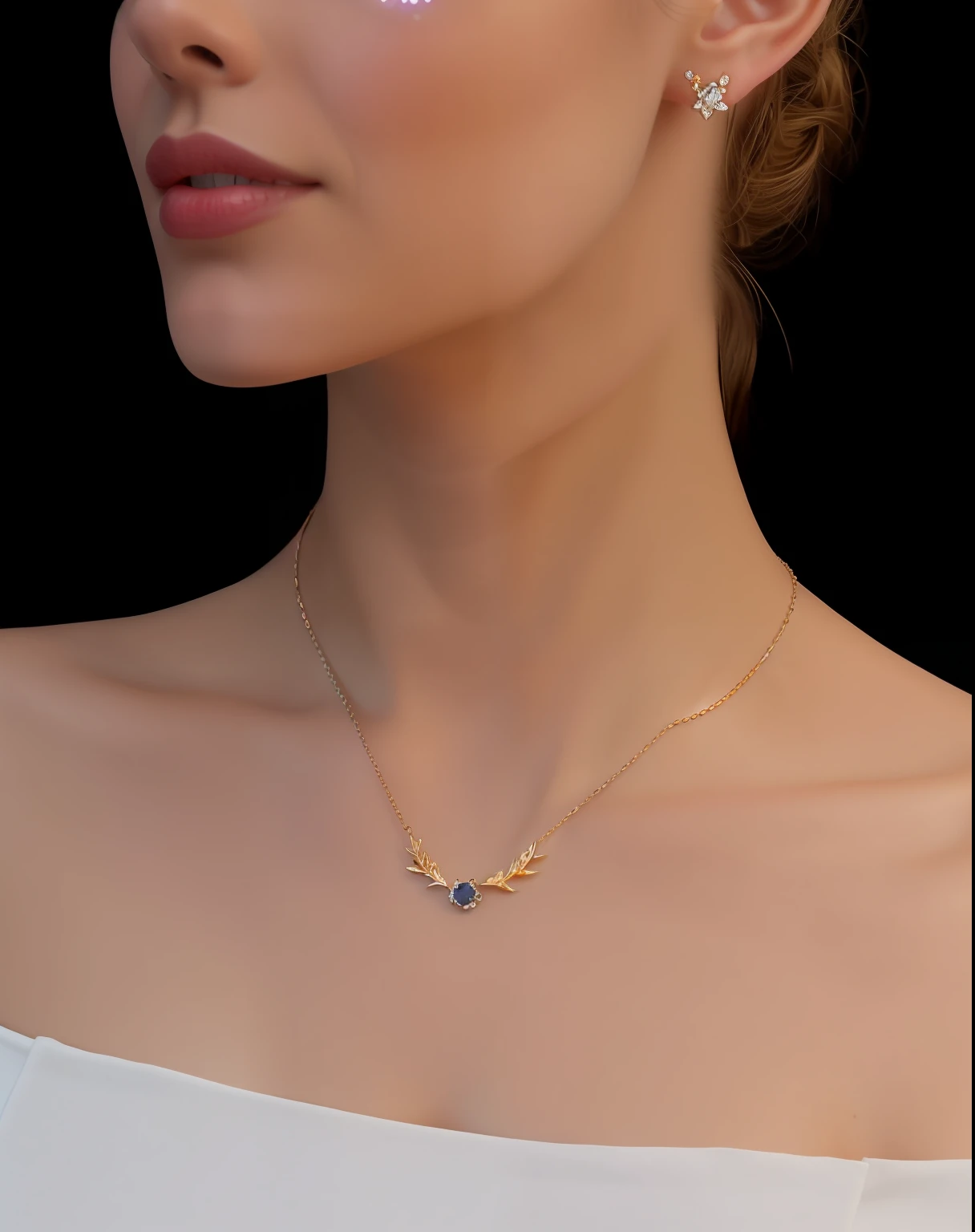 a close up of a woman wearing a necklace and earrings, necklace, small necklace, gold choker, embedded with gemstones, silver and sapphire, wearing several pendants, attractive neck, tiara with sapphire, luxurious neckless, Jeweled necklace, fine simple delicate structure, with glowing blue lights, finely detailed features,white backgroung