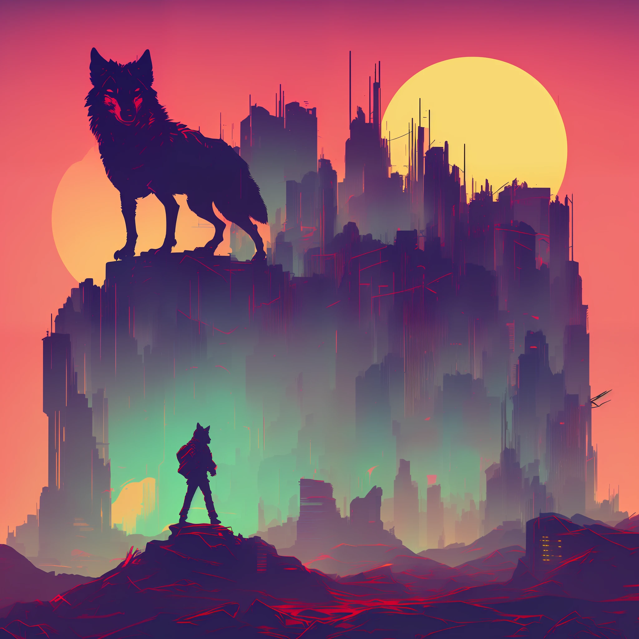 (nvinkpunk:1.2) (snthwve style:0.8) wolf, anthro, lightwave, sunset, intricate, highly detailed