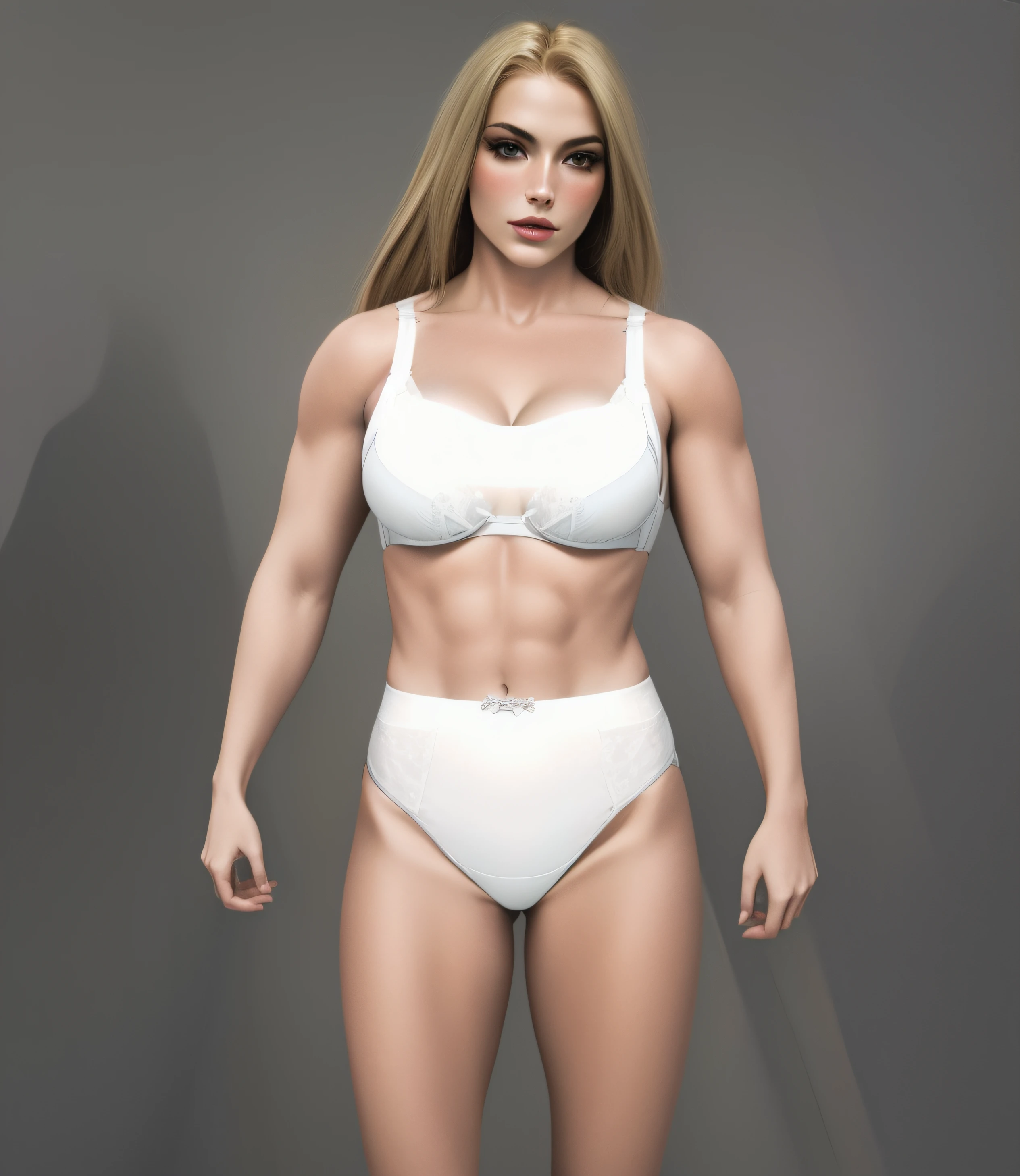 Buff blonde Caucasian woman, in white bra, white high cut panties, photo realistic, intricate details