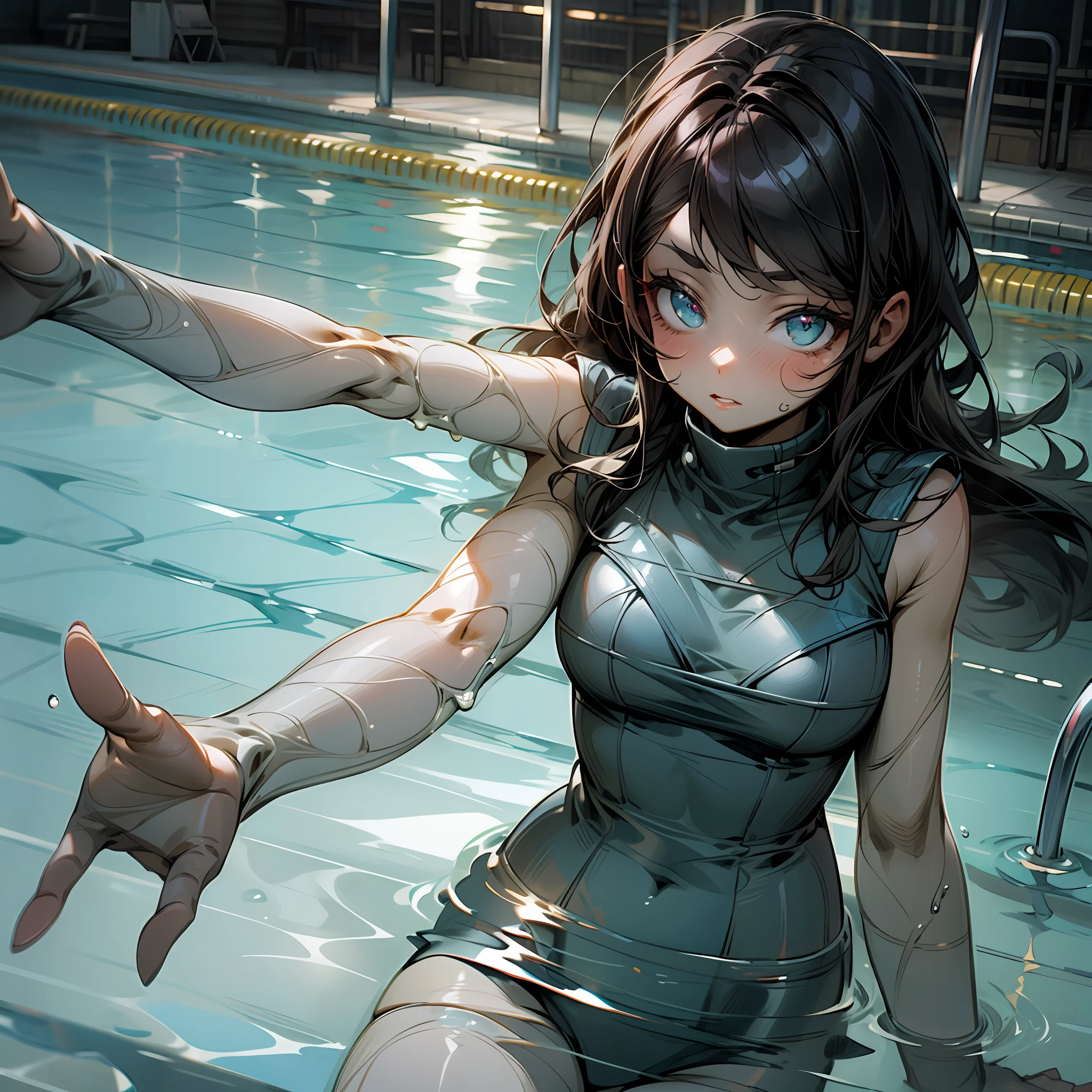 barbara,swim wears,The pool is half submerged,Eyes are confused --auto