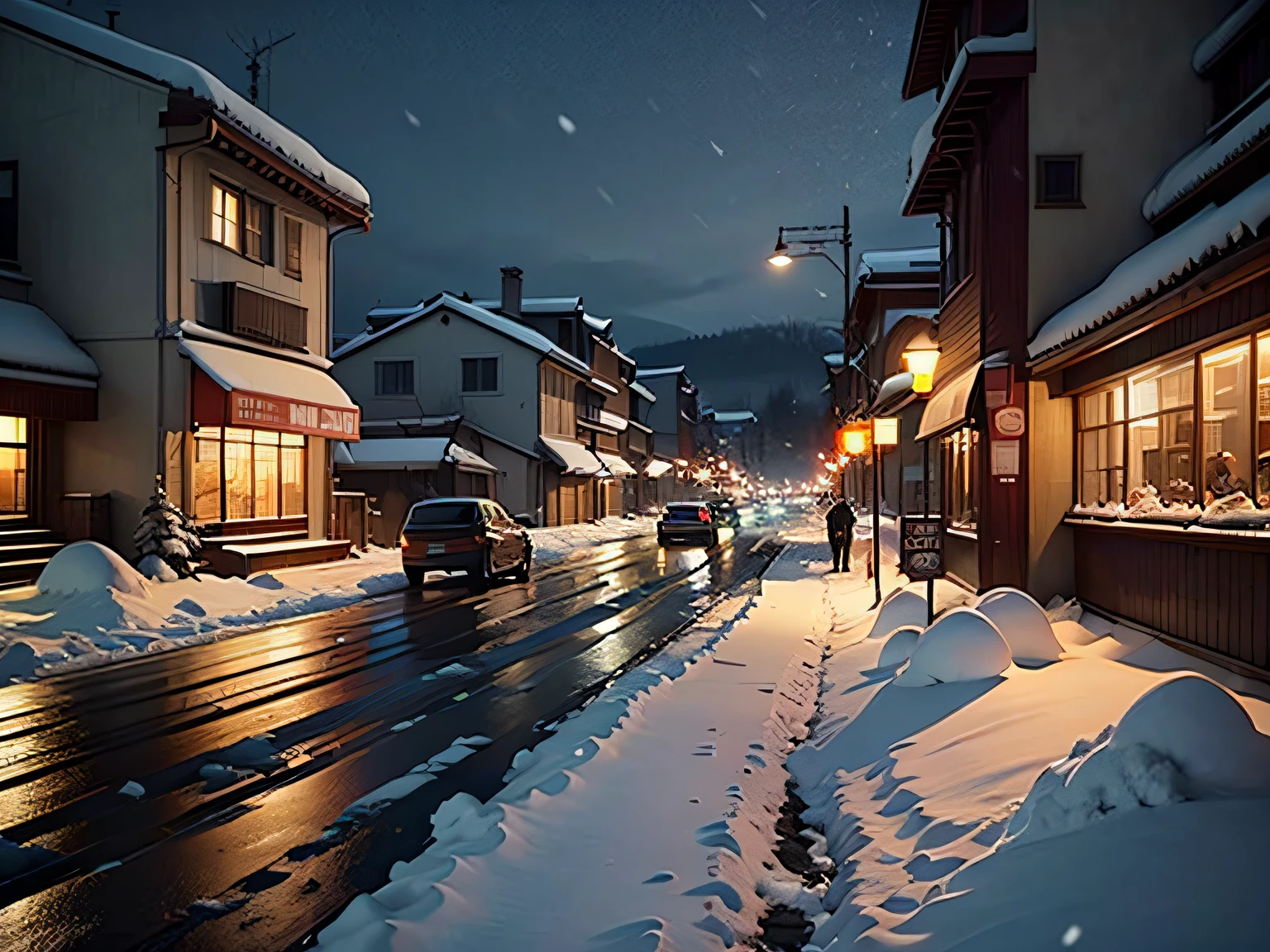 Busy streets。It was snowing heavily。The snow is very thick。There is still order