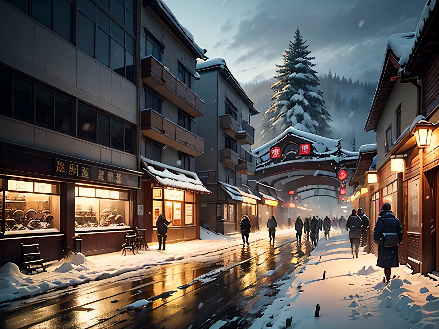 Busy streets。It was snowing heavily。The snow is very thick。There is still order