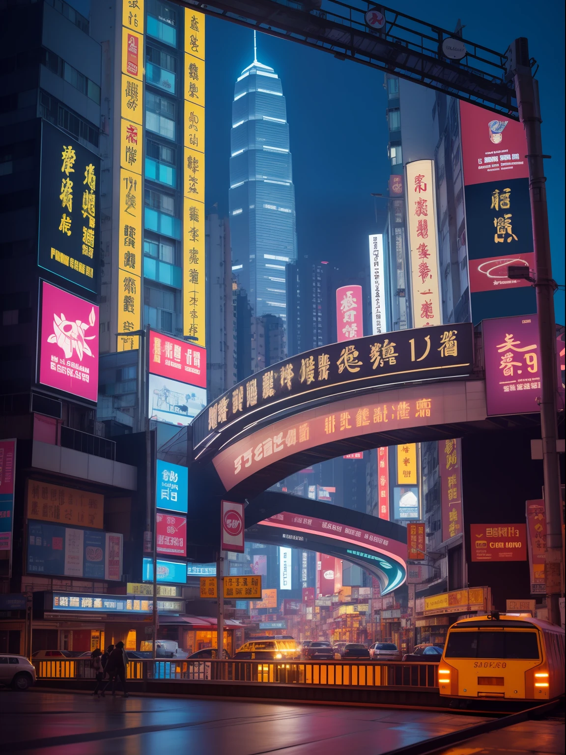 Night City,Futuristic architecture,Huge video walls and puddles reflective,Neon lights illuminate the railway,Blade runner city,Hong Kong at night,advertising billboard(Weight 1.2),A combination of cinematic atmosphere and original art,Focus on matte and modeling,Multi-channel exposure,An animated film with a sense of the times influenced by Italian architect Santa Elia.