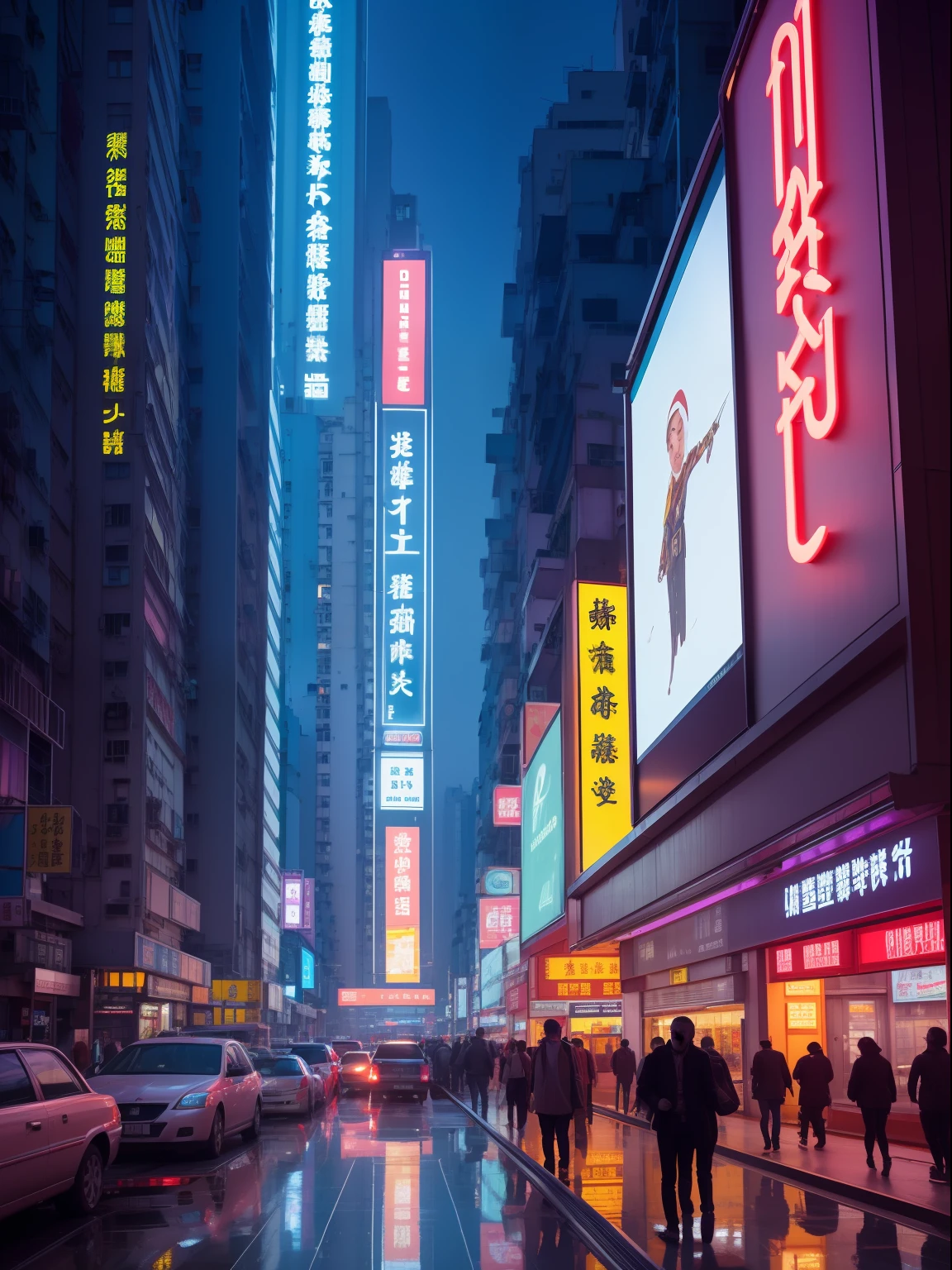 Night City,Futuristic architecture,Huge video walls and puddles reflective,Neon lights illuminate the railway,Blade runner city,Hong Kong at night,advertising billboard(Weight 1.2),A combination of cinematic atmosphere and original art,Focus on matte and modeling,Multi-channel exposure,An animated film with a sense of the times influenced by Italian architect Santa Elia.