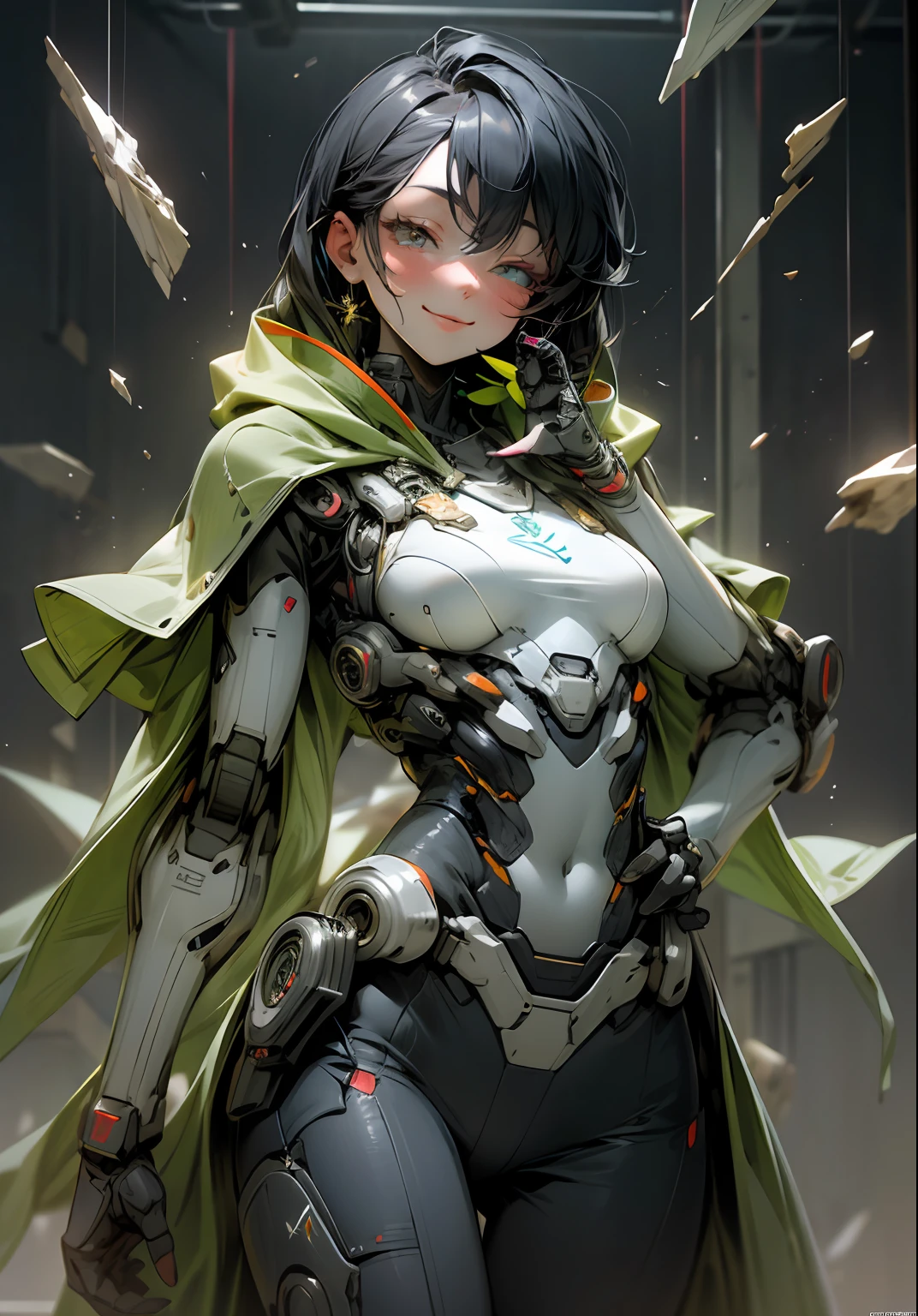 best quality, masterpiece, highres, broken glass shards, reflective, glitter, plasma particles, techno-ninja clothing, fresh egdy, smile, woman, breasts, neckline, long hair, sexy, intricate, cinematic, macha, robotic, futuristic, advanced, perfect female anatomy, matrix, cybernetic, hydraulic, militaristic, cloths, robes, closeup, rogue, super soldier, beauty