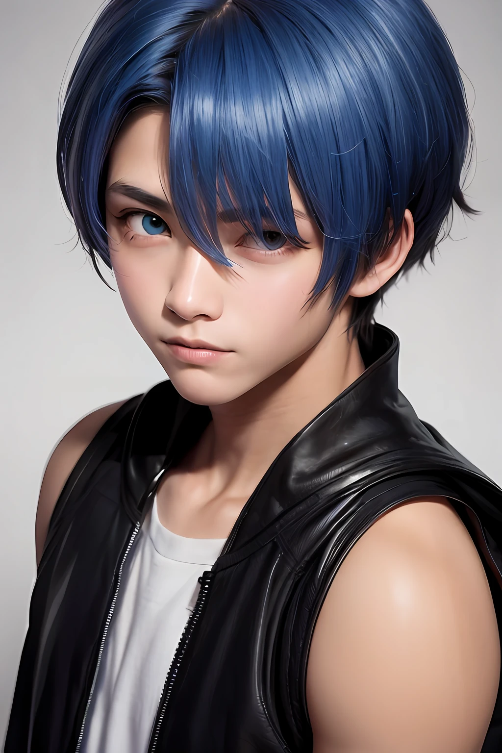 Garoto de , cabelo azul, Heterocromia, magro,