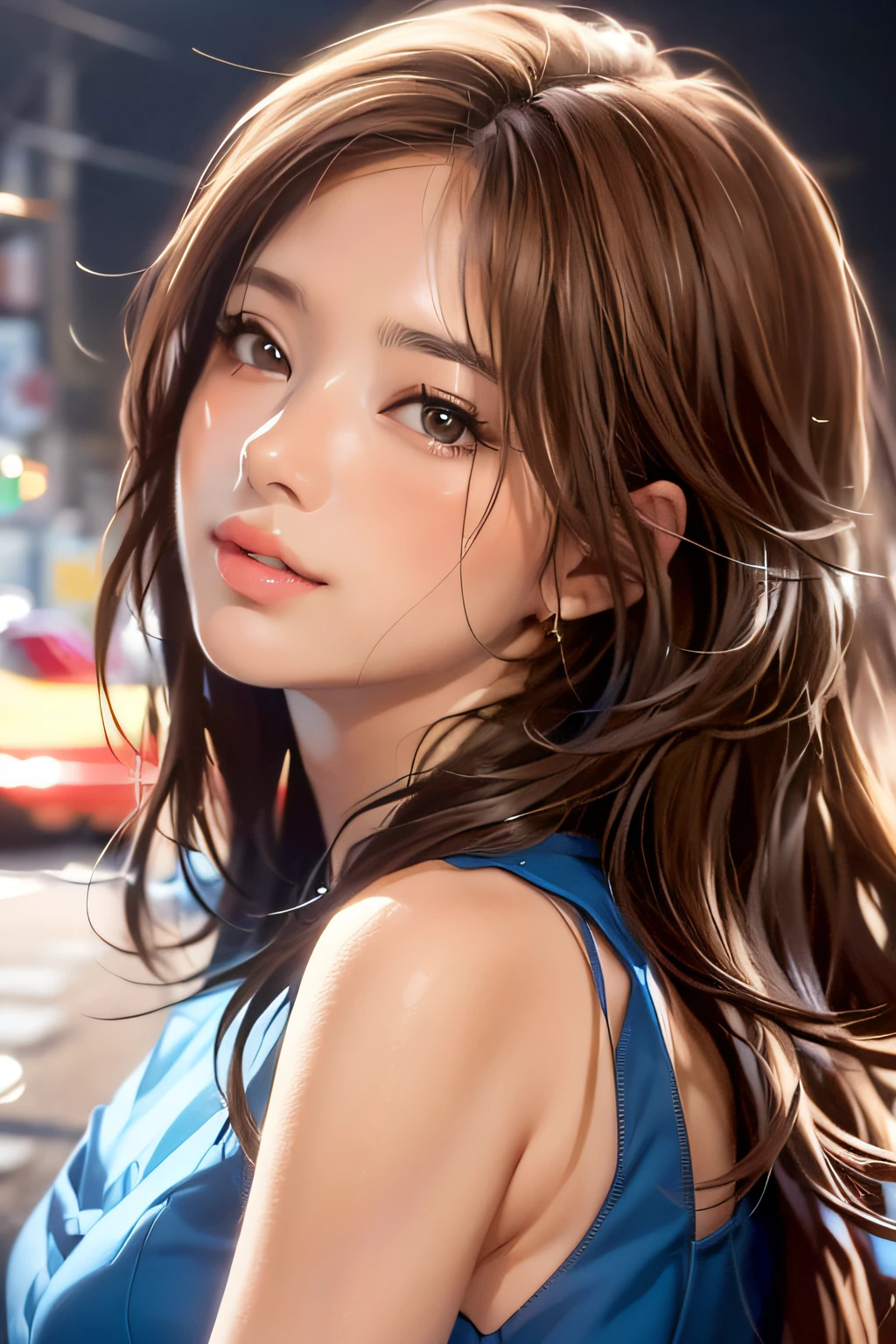 arafed woman with long brown hair and blue dress posing for a picture, Smooth Anime CG Art, photorealistic anime girl render, detailed portrait of an anime girl, realistic anime 3 d style, realistic art style, realistic anime art style, photorealistic anime, photorealistic art style, kawaii realistic portrait, realistic young anime girl, Photorealistic!!!!!!! Art styles