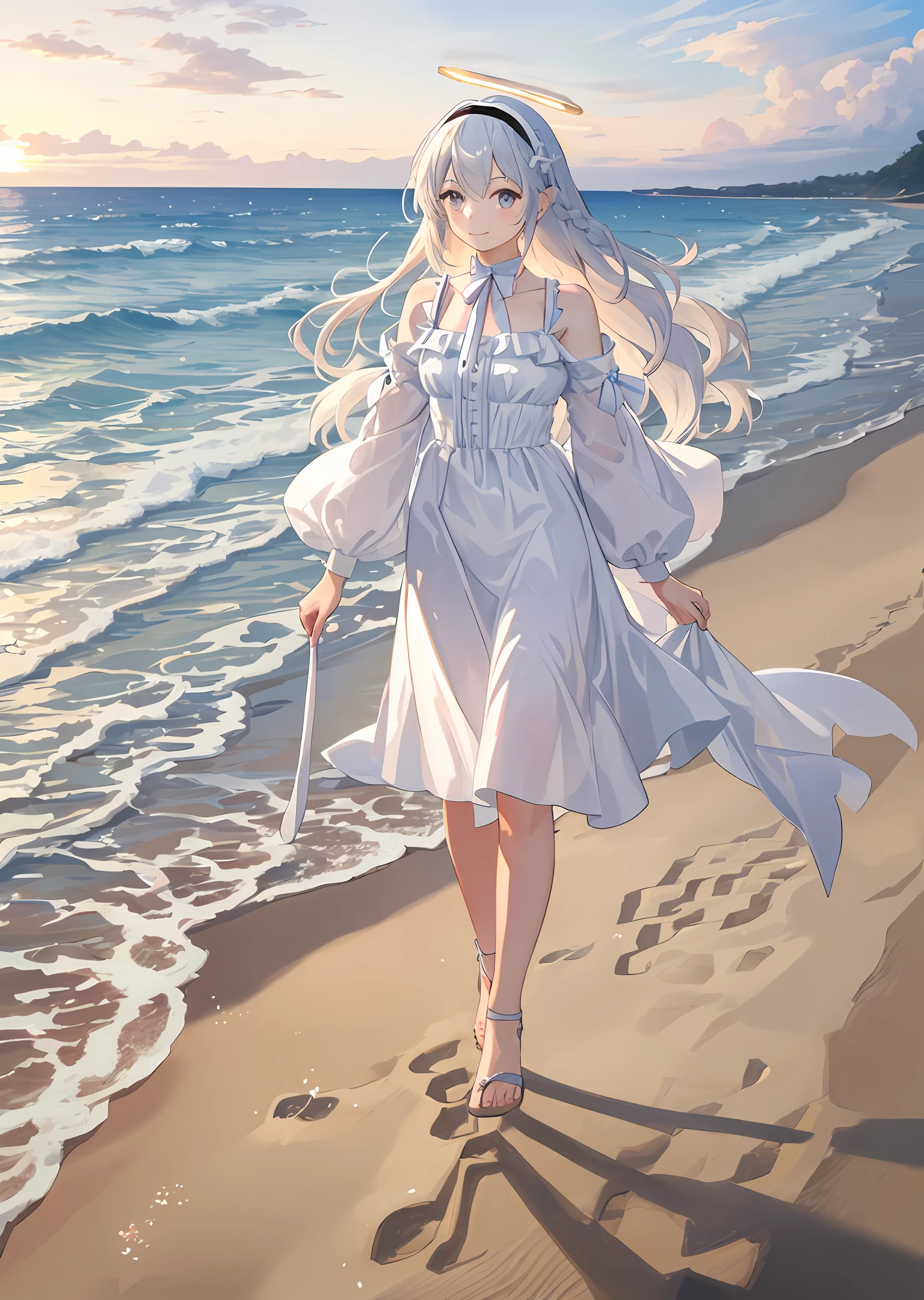 (masterpiece, best quality), arona, 1girl, white hairband, bow hairband, halo, long hair, single braid, walking, full body, beach, sunset, light smile, holding hair, looking sky,