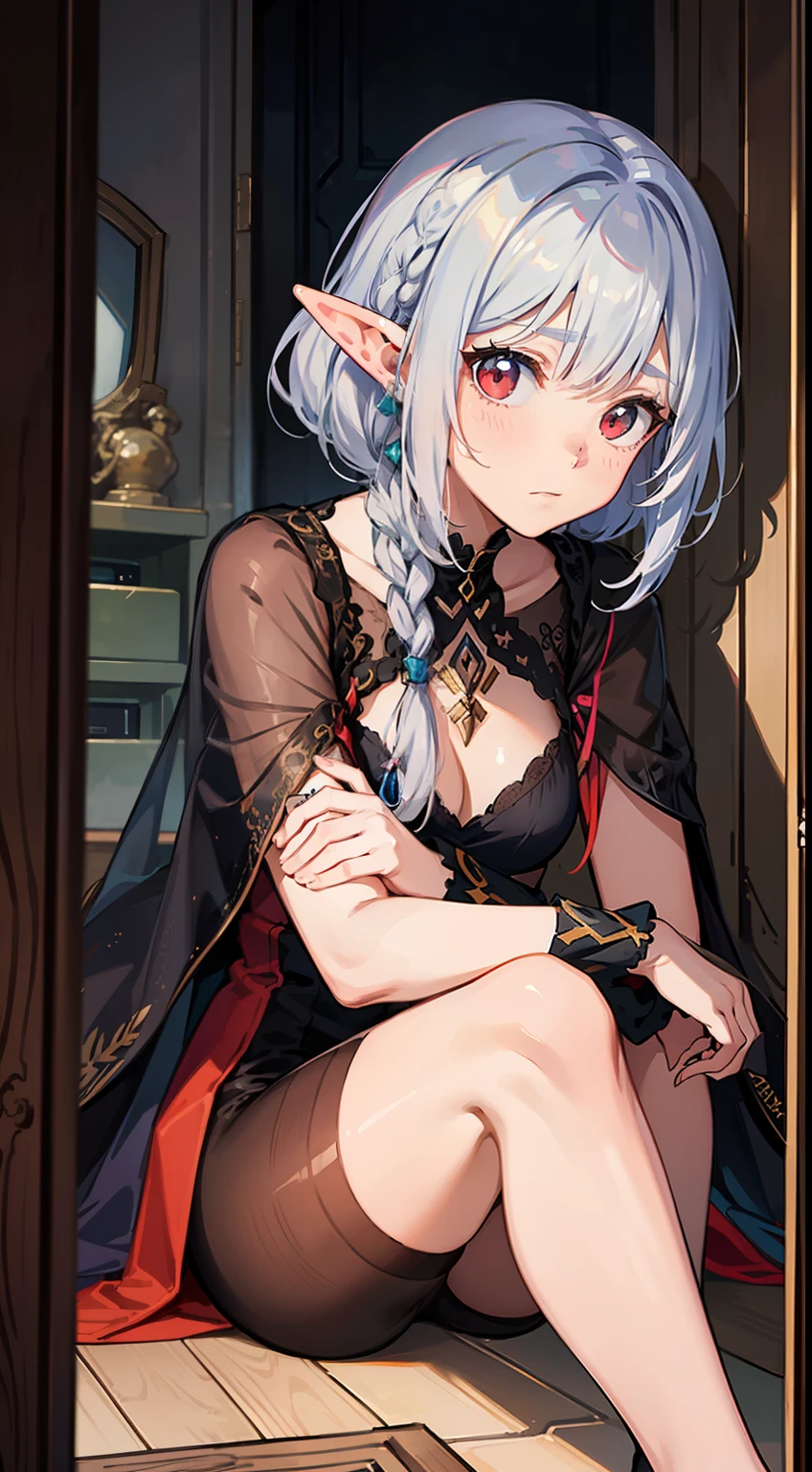 1 Close-up of a girl, elvish, has silver hair, Red Eyes, bob cuts, Braids, Sorcerer, robe, frilld, tights, cloak, inside room, Sitting in front of the PC, Troubled face, concept-art, beautiful anime scene, Beautiful anime scenery, beste-Qualit, masterpiece