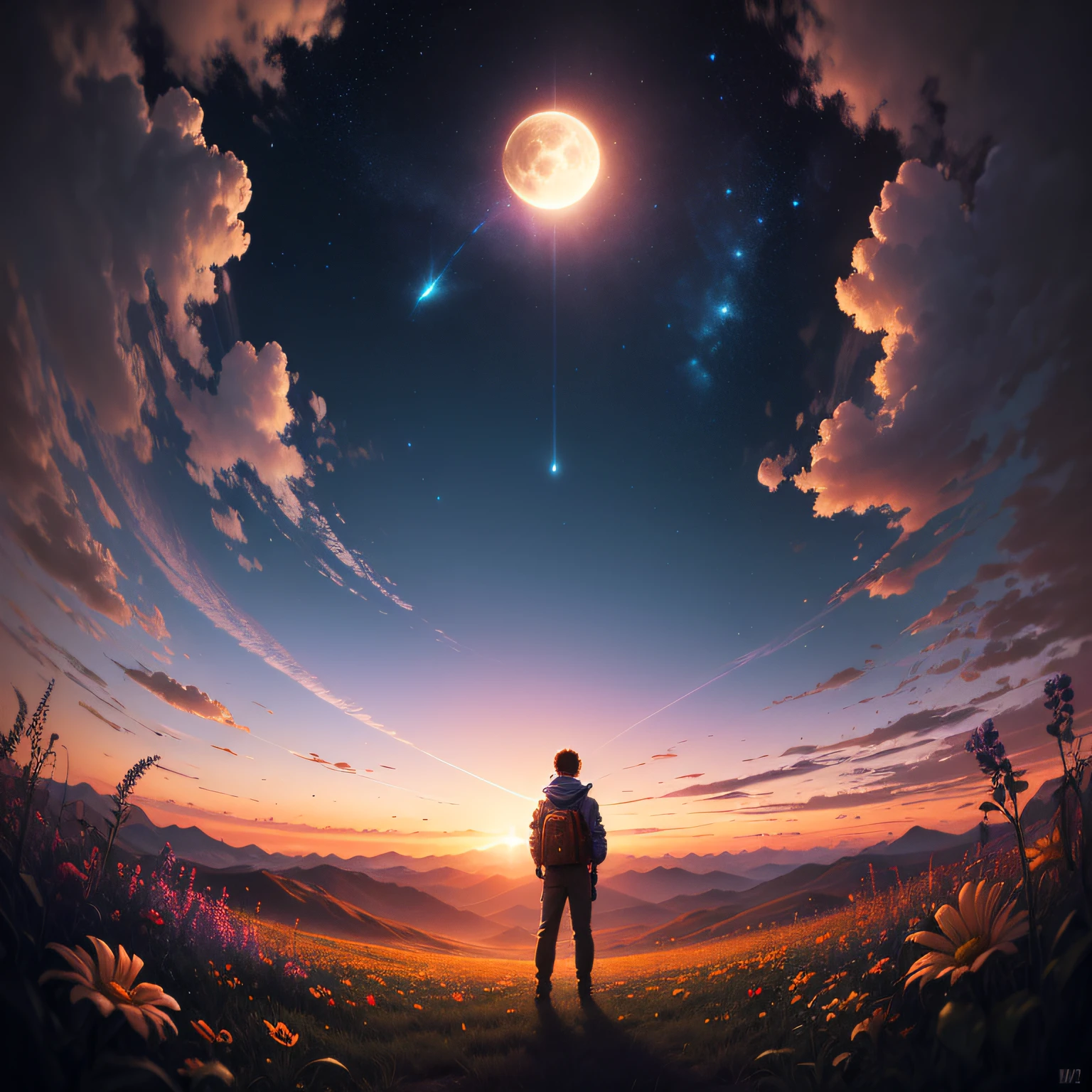 Vast landscape photos, (from below, the sky above, open fields below), a boy standing on a flower field looking up, (Full Moon: 1.2), (Meteor: 0.9), (Nebula: 1.3), Distant Mountains, Trees BREAK Making Art, (Warm Light Source: 1.2), (Firefly: 1.2), Lamps, Lots of Purple and Orange, Intricate Details, Volumetric Lighting BREAK (Masterpiece: 1.2), (Best Quality), 4K, Ultra Detailed, (Dynamic Composition: 1.4), Detailed, Colorful, (Iridescent: 1.2), (Glow, Atmospheric Lighting), Dreamy, Fantastic, (Solo: 1.2) --auto