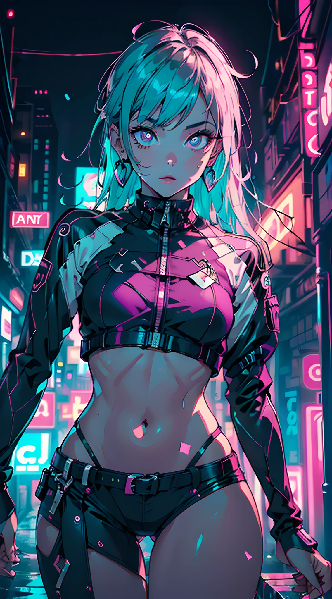 (masterpiece, best quality, dynamic pose:1.4), absurdres, cowboy shot, delicate girl, teen, , (pink and cyan theme, neon lights:1.2), (dark theme, dark background:1.4), perspective, depth of field, thighs, thin arms, thin waist, facelight, clear lighting, film grain, chromatic aberration, HDR, sharp focus, highres, photography, realistic, highest detailed, extreme detailed, ultra detailed, finely detail, detailed face, detailed eyes, sharp pupils, realistic pupils