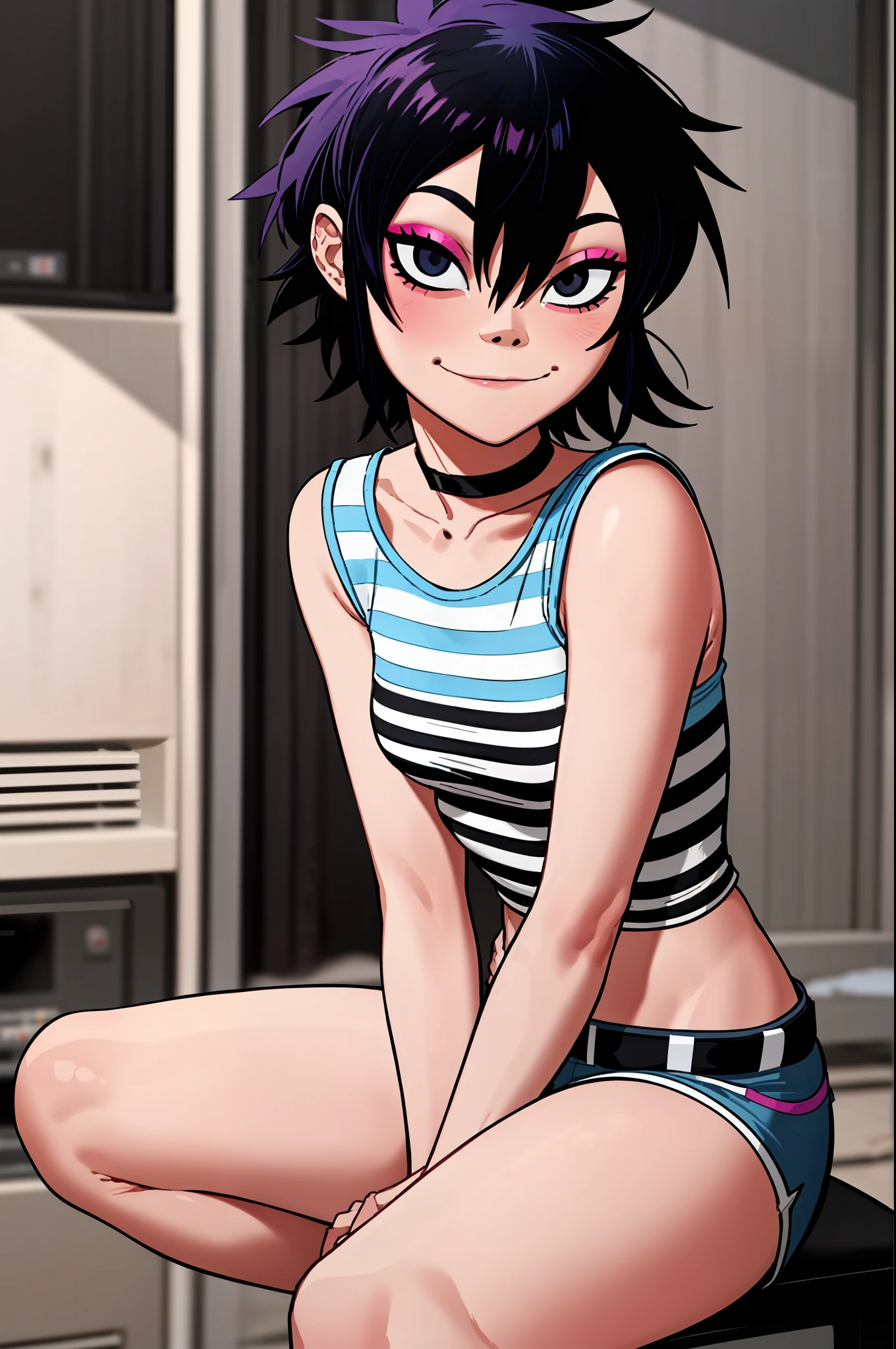 noodle (gorillaz), masterpiece, best quality, hair between eyes, purple hair, choker, belt, blush, looking at viewer, bangs, fishnets колготки, black and white colour striped shirt, taking off shirt, solo, blue hair, makeup, short hair, portrait, black eyes, small breasts, sexual expression, seductive smile, hair covering eyes, 5 fingers, hands on breasts, sitting on knees, breasts tease, detailed music studio background, denim shorts, detailed tummy, pink eye shadow, sfw, высокие сапоги