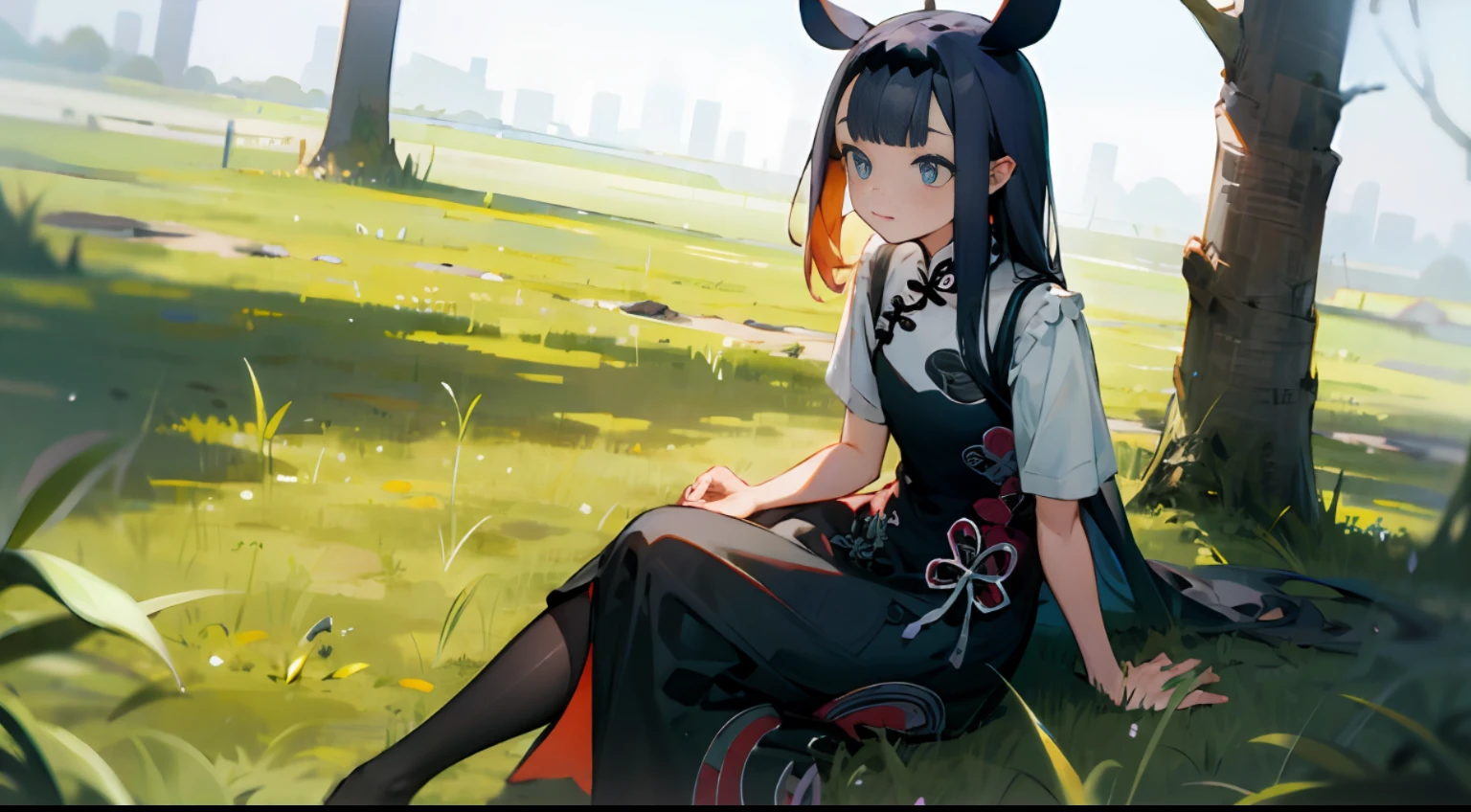 Girl sitting on the grass in a long qipao dress and tights