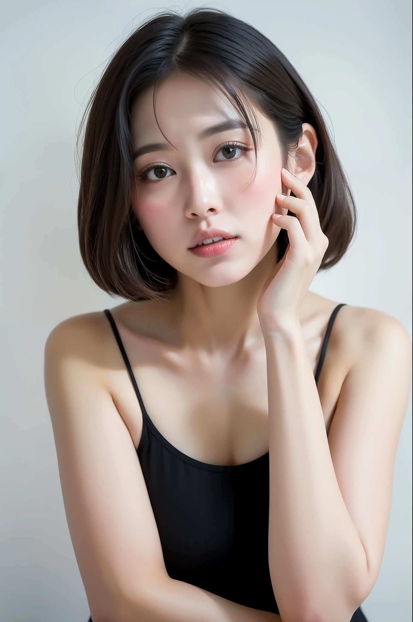 (beste-Qualit、8K、32K、masterpiece、vng:1.2)、Japan beauties、big chest out、very short bobbed hair、fullllbody、sface focus、camisole、simple background、looking at the viewers、Fumika Baba、Suzu Hirose、