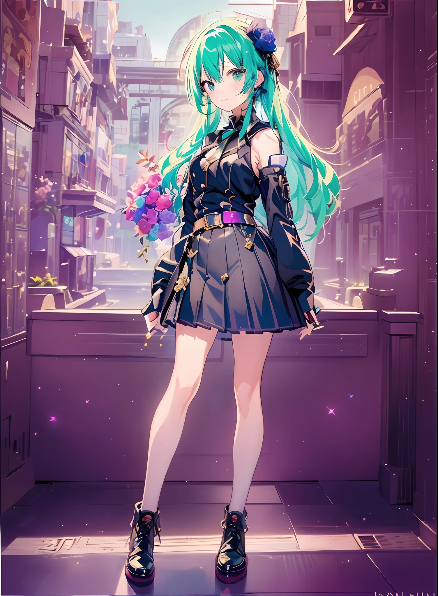 HATSUNEMIKU、🎸、((Konmutsuki_gacha_series1, punk_rosette))), cute girl, aqua color flowers, (full body), elegant flowers background