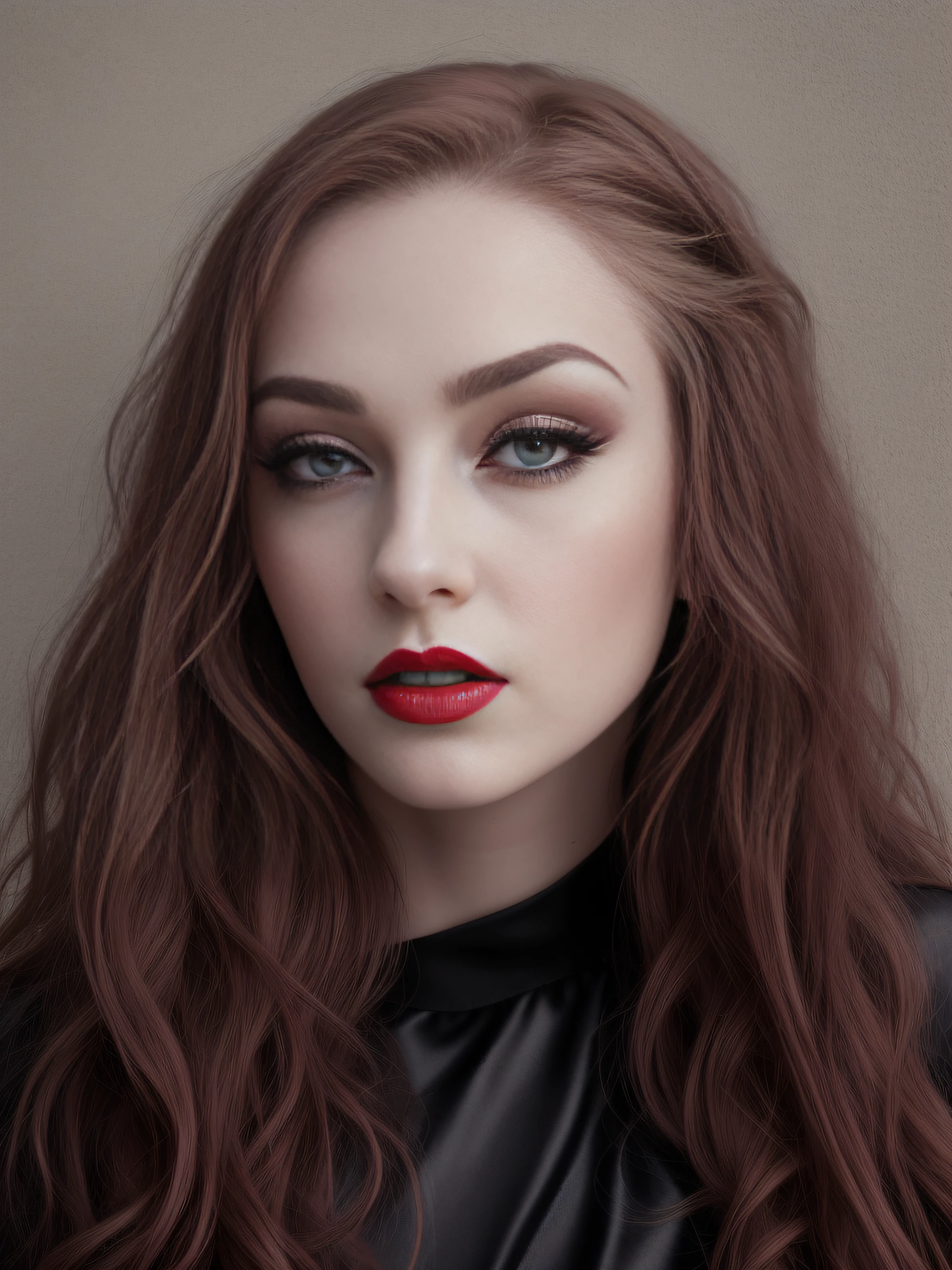 masterpiece, 8k, wallpapers, (in detail), ((the whole body)), a handsome female, dark red hair, pale skin, (wearing a black dress), makeup, eye liner, red lipstick, ghotic, lock, (Difficult), (( high skin detail, skin details)), Sharp focus, 8k uhd, dslr, highly quality, Film grain,