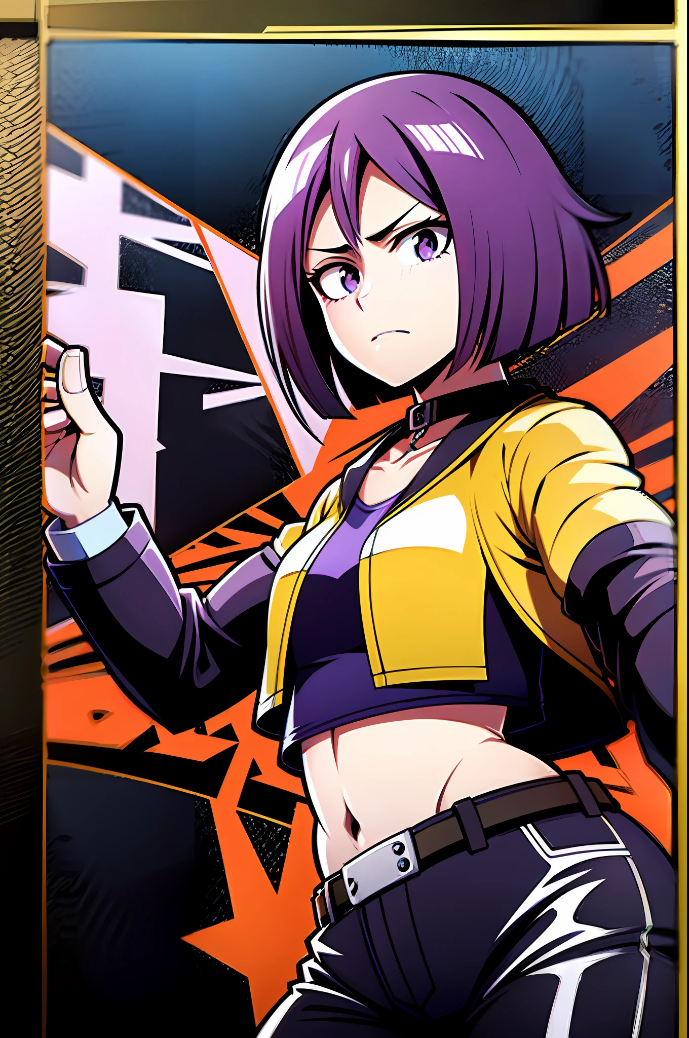 1girl, purple eyes and dark purple hair, bob cut, medium length haircut, black leather jacket, long red-colored shirt with several rips at the collar and hem, black pants, black choker, (bleach and boku no hero academia style), (illustrated by Kohei Horikoshi and Tite Kubo), (style mixing), Kyoka Jiro, Rukia Kuchiki, (character mixing)