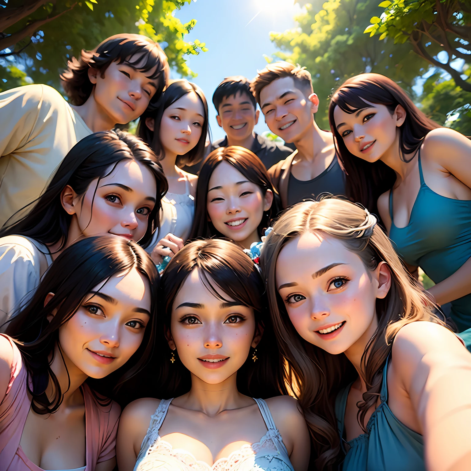 ((Best quality, masterpiece)), group photo with ten people. lifelong friends, warmly embracing, smiling ear-to-ear, surrounded by lush greenery and a crisp blue sky, basking in the sunshine of a perfect day.