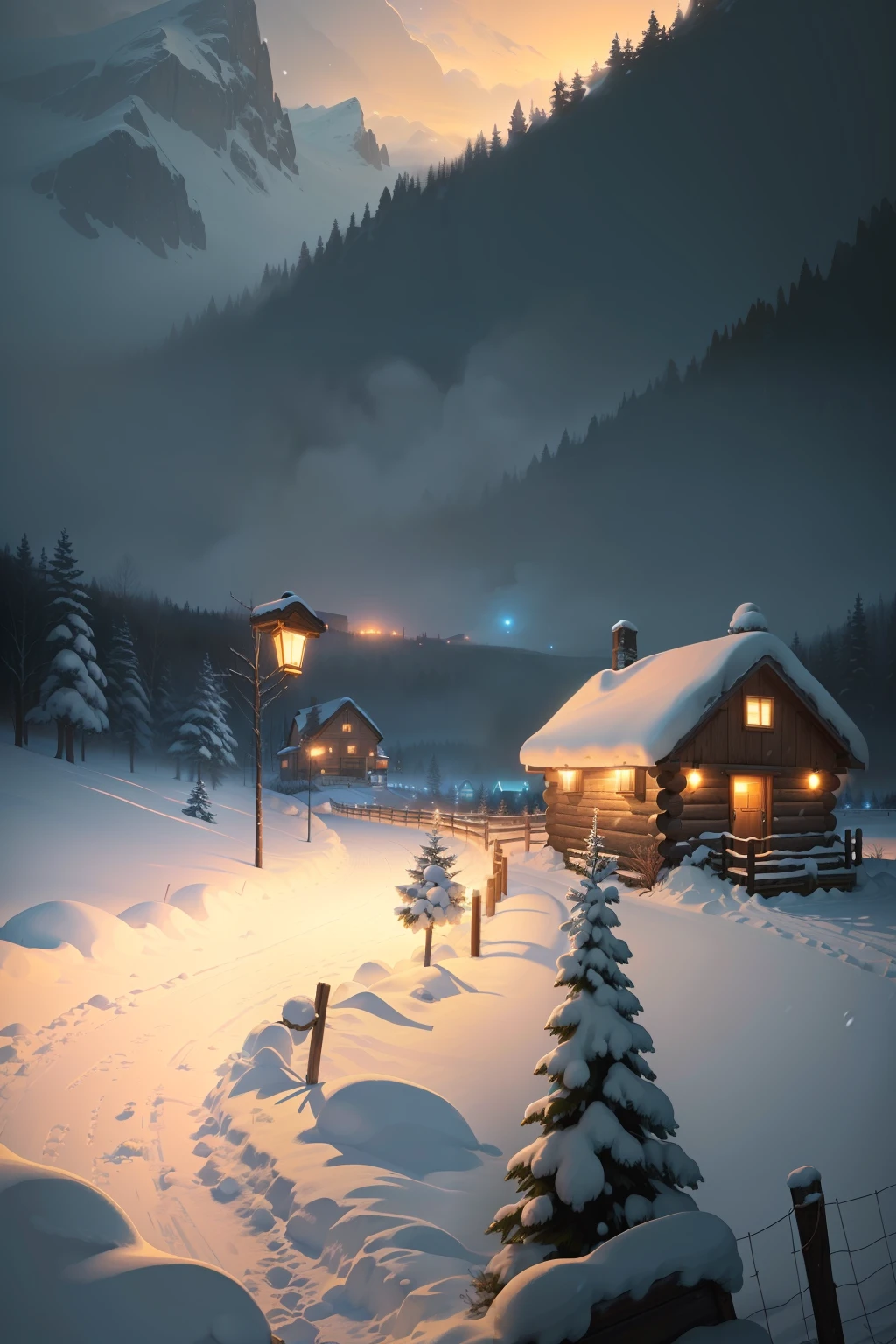 snowy night scene with a cabin and a fence in the foreground, Arte conceitual de inverno, background artwork, Anime background art, beautiful anime scenes, Anime landscape concept art, arte de fundo, heavy winter aesthetics, snowy environment, anime backgrounds, animation illustrative style, Stylized digital illustration, beautiful detailed scene, landscape artwork, 2d game environment design,There was light snow in the sky