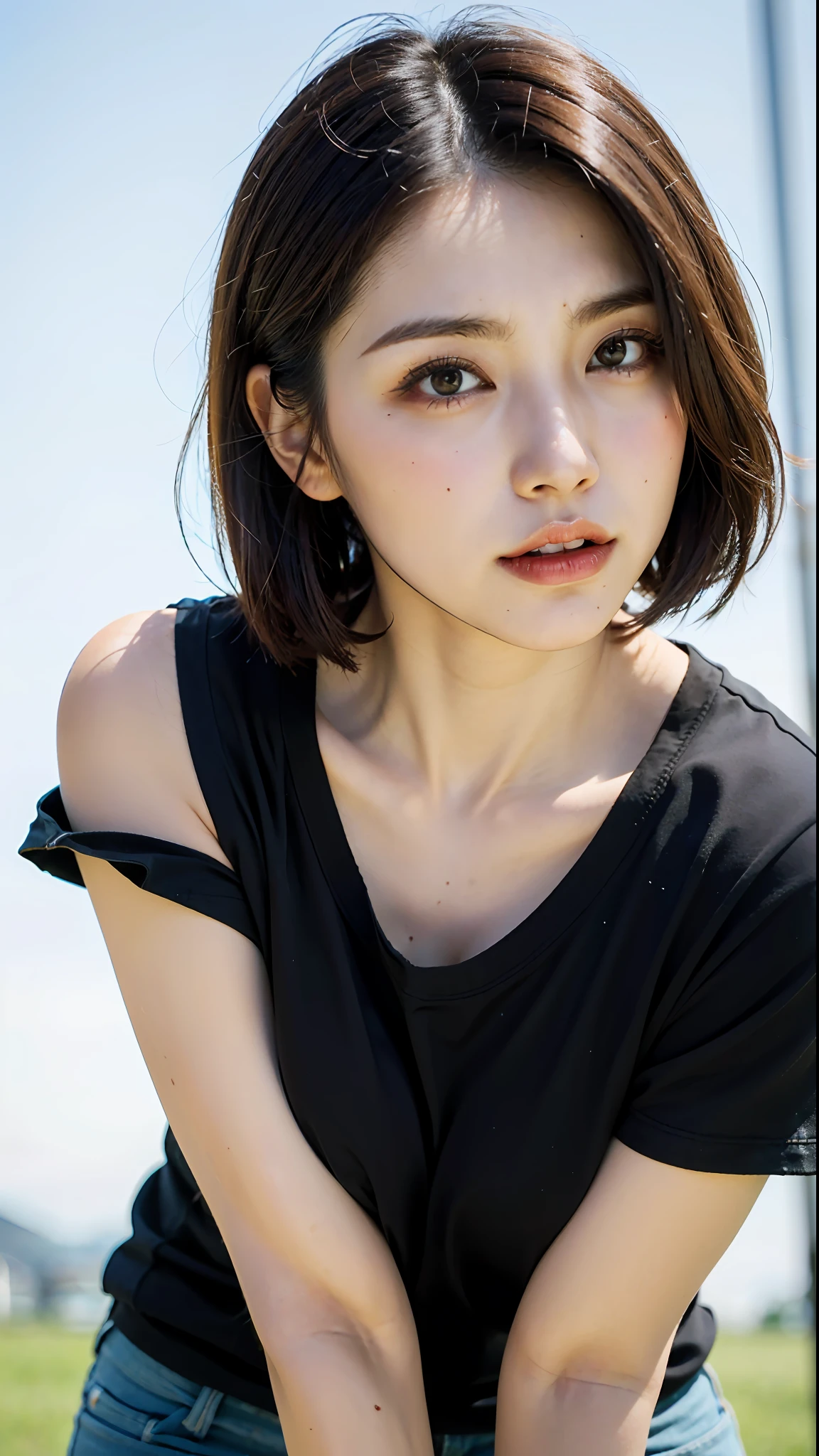 (Best Quality, 8K, 32 k, Masterpiece, UHD:1.2),Photo of Pretty Japanese woman,black short hair,Beauty face,(leaning forward:1.3),squating,(from above:1.2),(close-up:1.4),POV,loose T-shirt,(tits big:1.3),exteriors,windy,sparkly skin,blured background,