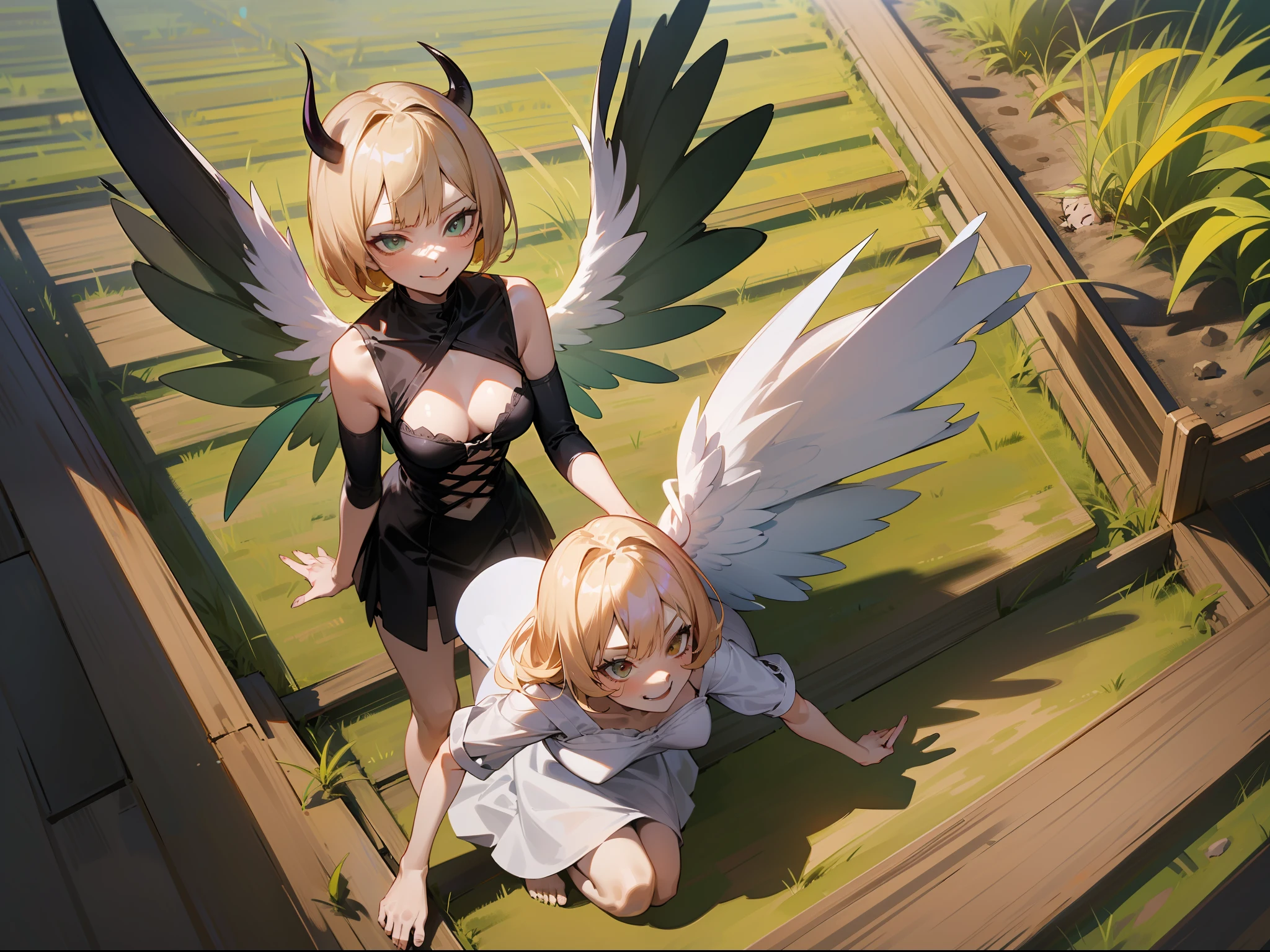 (masutepiece:1.3),(Best quality:1.2),8K,absurderes,Unity,(Extremely detailed:1.3),highest grade, ,(2girls),devil,(Outdoors:1.2), tussock,Wings,Full body, Dark,Night,fire,(Devil Wings),Angel wings, Angel,Angel in white dress,Barefoot, Deep Green theme,Smirk,grinning evily,The devil in a black bustier、(The devil coming out of the shadow of an angel:1.6)