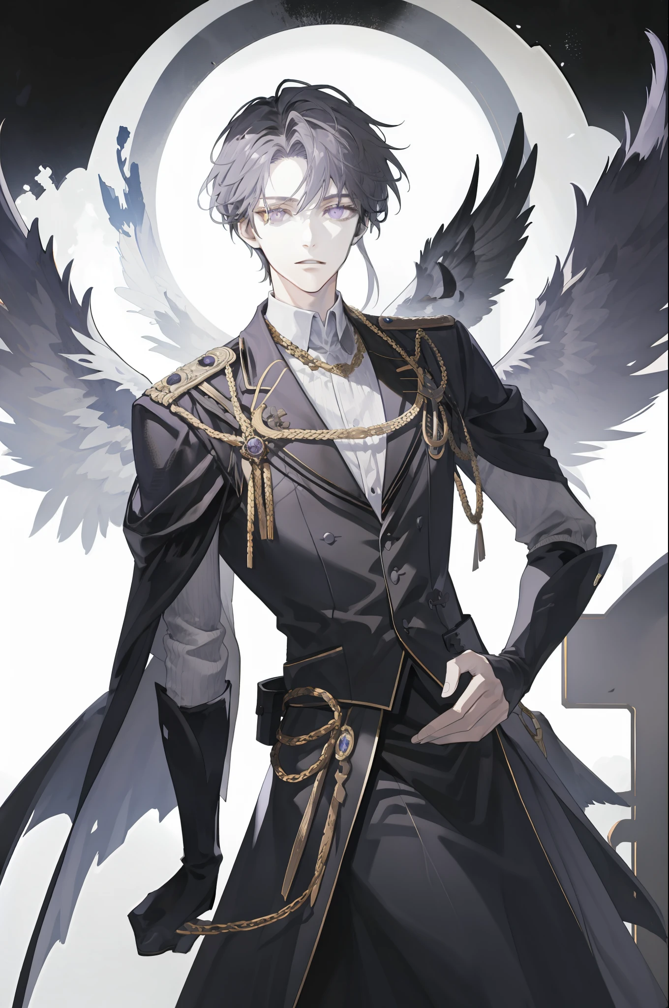 tmasterpiece,best quailty,1 male,AS-Adult,Fallen Angel,Fallen angels,Long dark gray hair,Purple eye,Noble temperament,There is a pair of large black wings behind him,Dressed in Western clothing,general,Artistically,