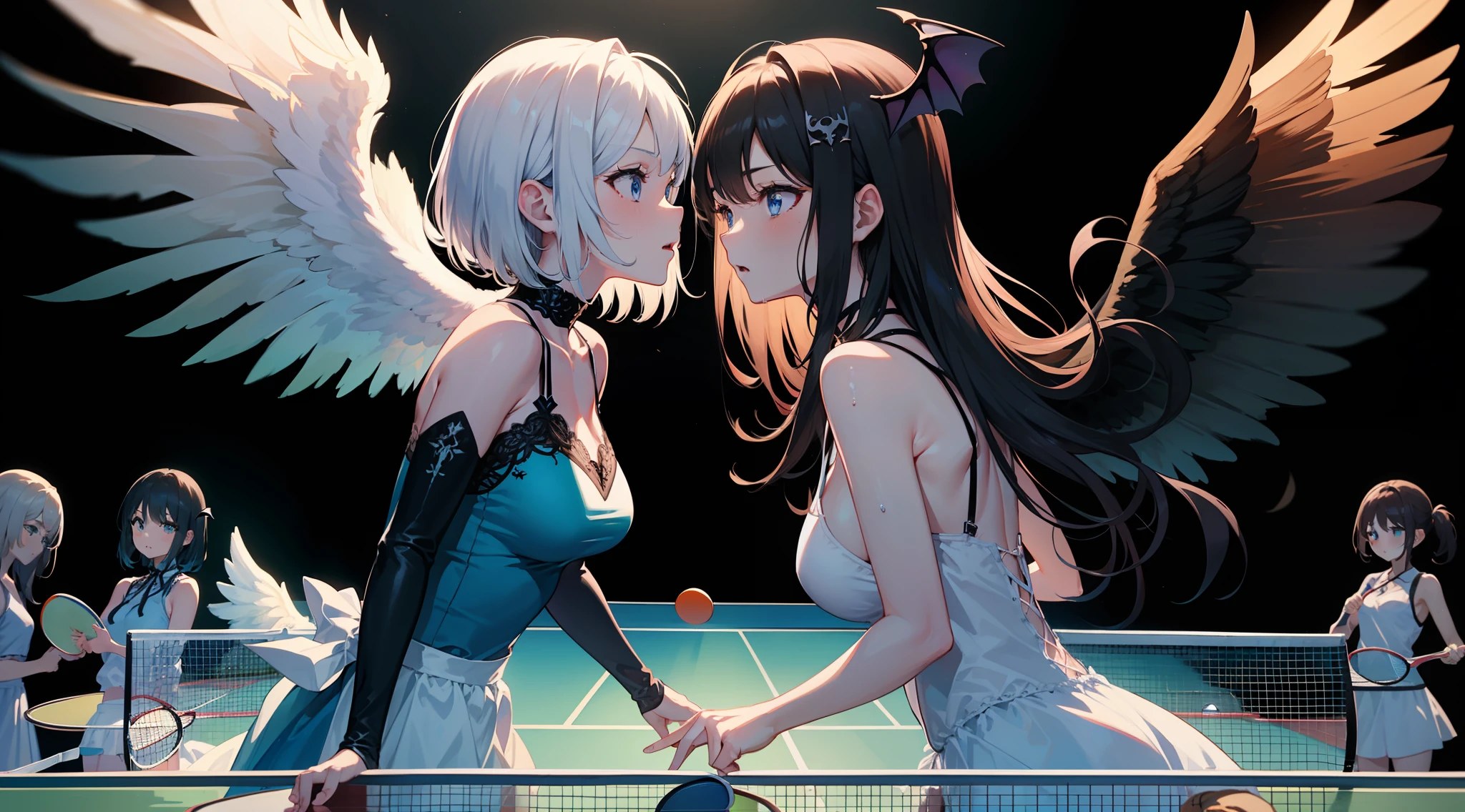 realisitic、large resolution、4K、masterpiece、foco nítido、High contrast、Cinematographic lighting、(2girls)、(With white angel wings:1.3)、maidennurse、cute little、A slender、mediumunderboob、bangss、length hair、white-haire、blue eyess、(pale white skin)、frowned、Angel Hair Ornament、White embroidered lace dress、a white choker、(detailed costume)with the((2 girls in))、(With black bat wings:1.3)、maidennurse、cute little、shorth hair、Brown-eyed、(pale-skin)、Devil's Hair Ornament、Black 、Black Gloves、Black choker、(Cute female angel and female devil playing table tennis),(Table tennis showdown:1.4),Sweat on the forehead、Fantastical, intricate design and details, Detailed face, Have a table tennis racket、(From Side)、Facing each other