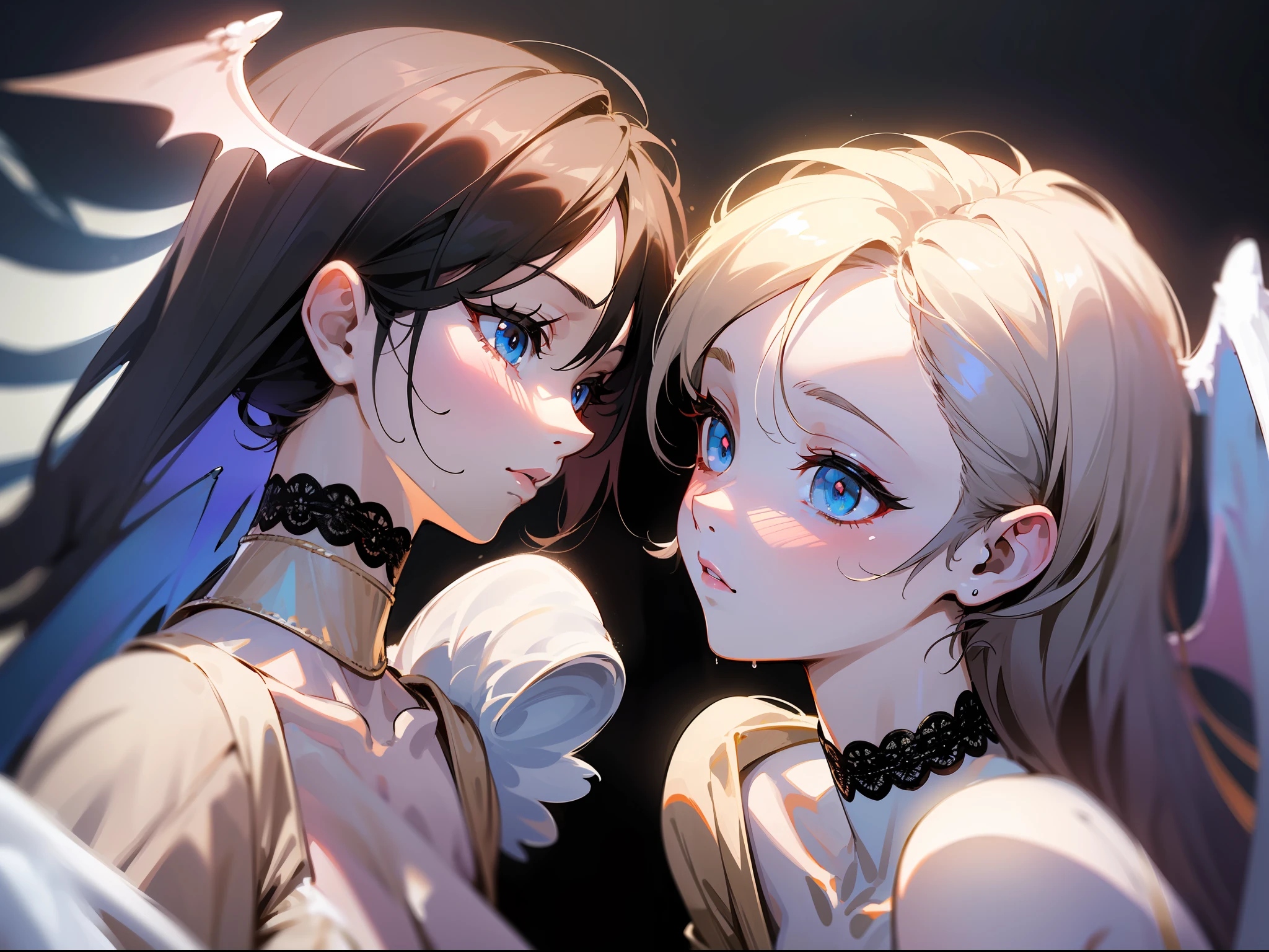 realisitic、large resolution、4K、​masterpiece、foco nítido、High contrast、Cinematographic lighting、(2girls)、(With white angel wings:1.3)、cute little、A slender、mediumunderboob、bangss、length hair、white-haire、blue eyess、(pale white skin)、frowned、Angel Hair Ornament、White embroidered lace dress、a white choker、(detailed costume:1.6)、(With black bat wings:1.3)、cute little、shorth hair、Brown-eyed、(pale-skin)、Devil's Hair Ornament、Black Bondage、Black Gloves、Black choker、(Detailed costumes:1.6)、(Cute female angel and female devil quarrel),Sweat on the forehead, Fantastical, Detailed face, (From Side)、Facing each other