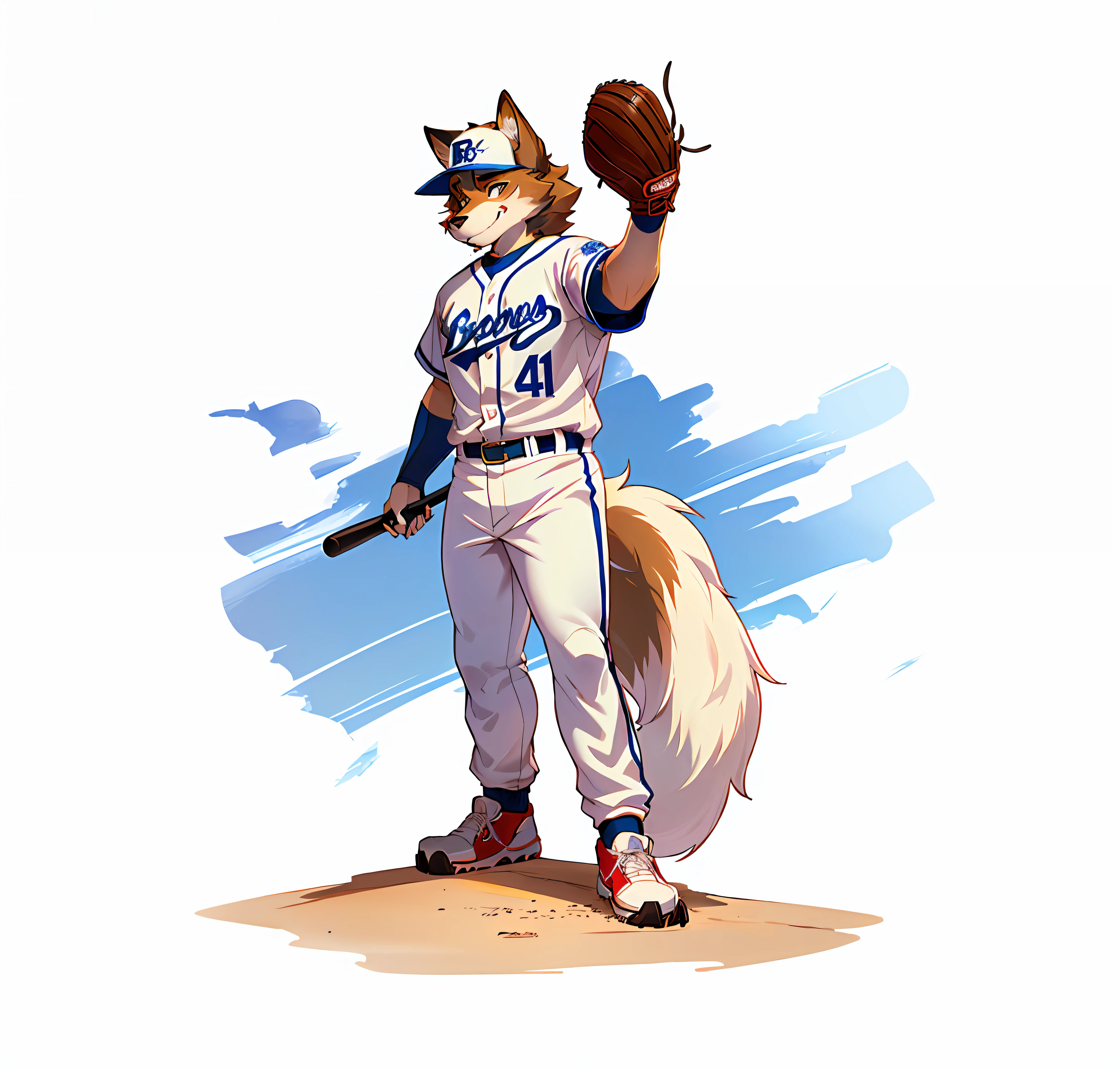 1male furry，Youth，Thin body type，Male wolfdog，shaggy，Fluffy tail，Claws，Baseball uniforms，baseball cap，Baseball pants，Baseball attire，Stand on the baseball field，perspired，sport