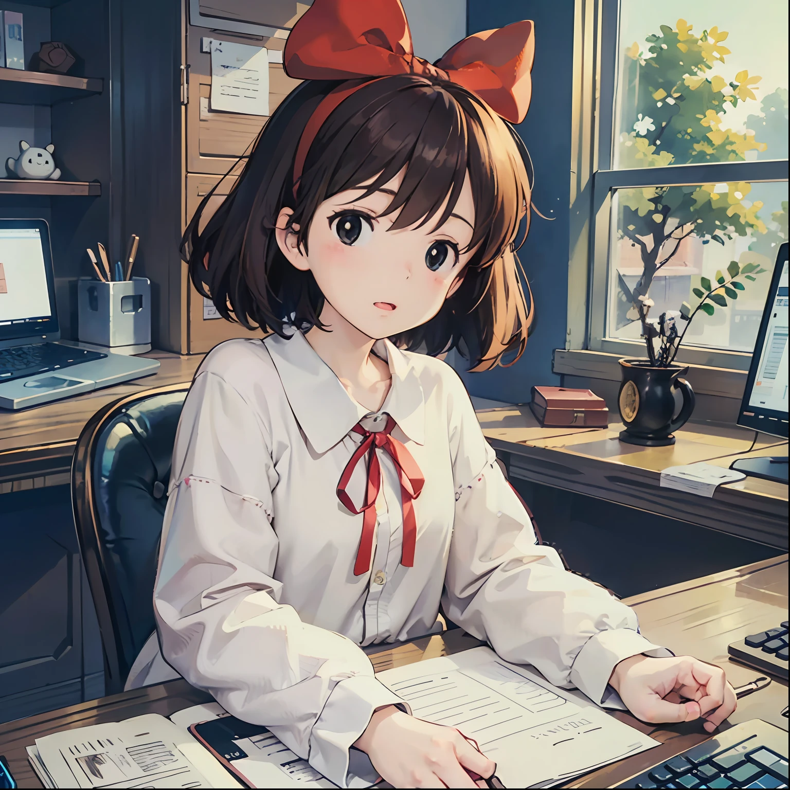 Best image quality, Outstanding detail, Super-High Resolution, (Realism: 1.4), best illustration, prefer details, A cute sitting at a computer desk working,Moe baby, Red ribbon,Helpless