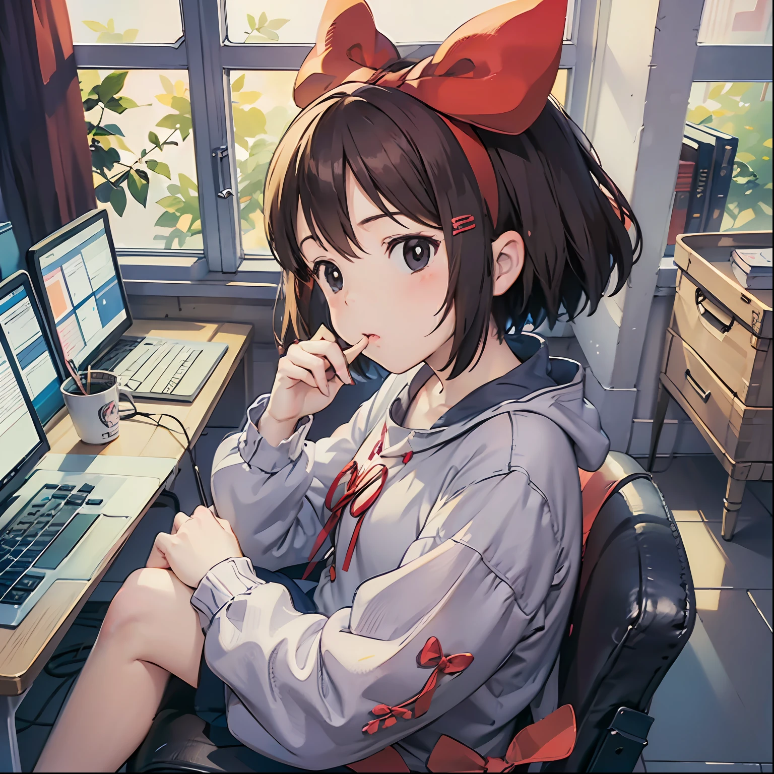Best image quality, Outstanding detail, Super-High Resolution, (Realism: 1.4), best illustration, prefer details, A cute girl sitting at a computer desk working,Moe baby, ribbon,Helpless