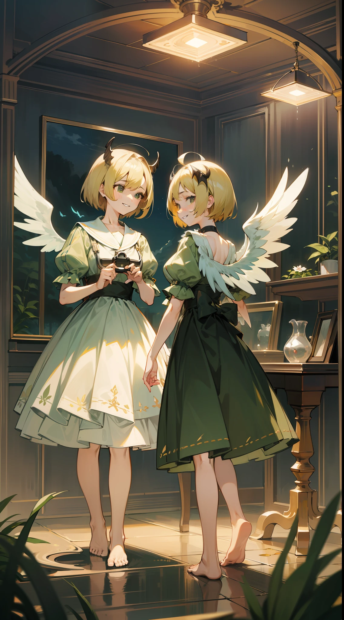 (masutepiece:1.3),(Best quality:1.2),8K,absurderes,unity 8k wallpapper,(Extremely detailed:1.3),highest grade, ,2girls,(speculum:1.3),In_speculum,looking at mirror, blur,, devil,,(Outdoors:1.2), tussock,Sky,cloud,Wings,Full body, Dark,Night,fire,(Devil Wings),Angel wings, Angel,Dress,corolla,Barefoot, Deep Green theme,Smirk,grinning evily,