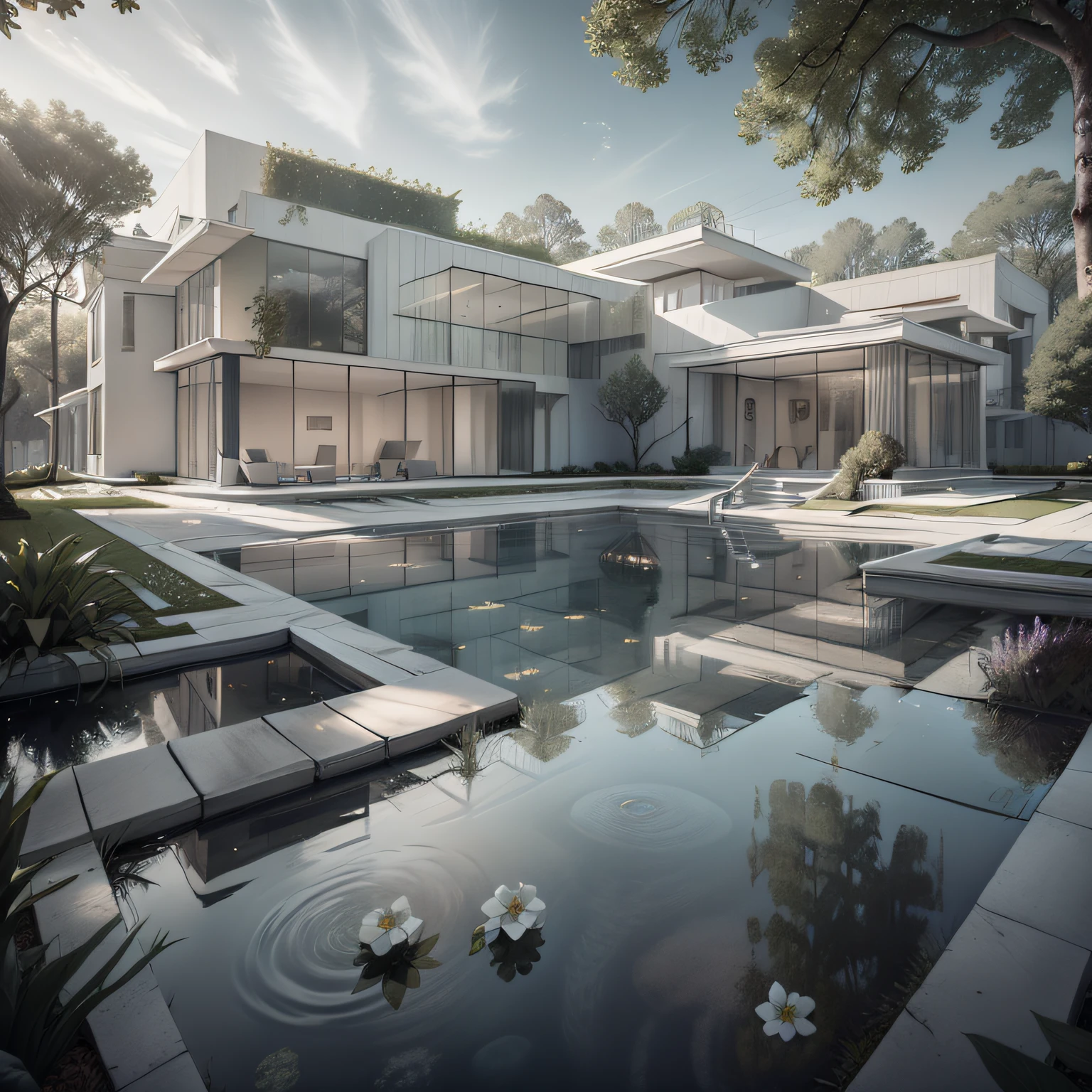 Organic modern architecture on a fairly large plot, from , there is a swimming pool in the middle of a large house of a flower, color of the house in chocolate brown and black beams, large modern residence, flat roofs and garden, render luxcore, render oktane, a photorealistic rendering, architectural rendering, mantra rendering, architectural rendering, realistic rendering, architectural visualization, wellness pool,  Architectural visualization, large green zones, with small zones of lavender flowers, green shrubs type lush green garden, as well as small water mirrors, swimming pool embedded in an area of sand, olive and pine trees around the house, paddle court next to the house