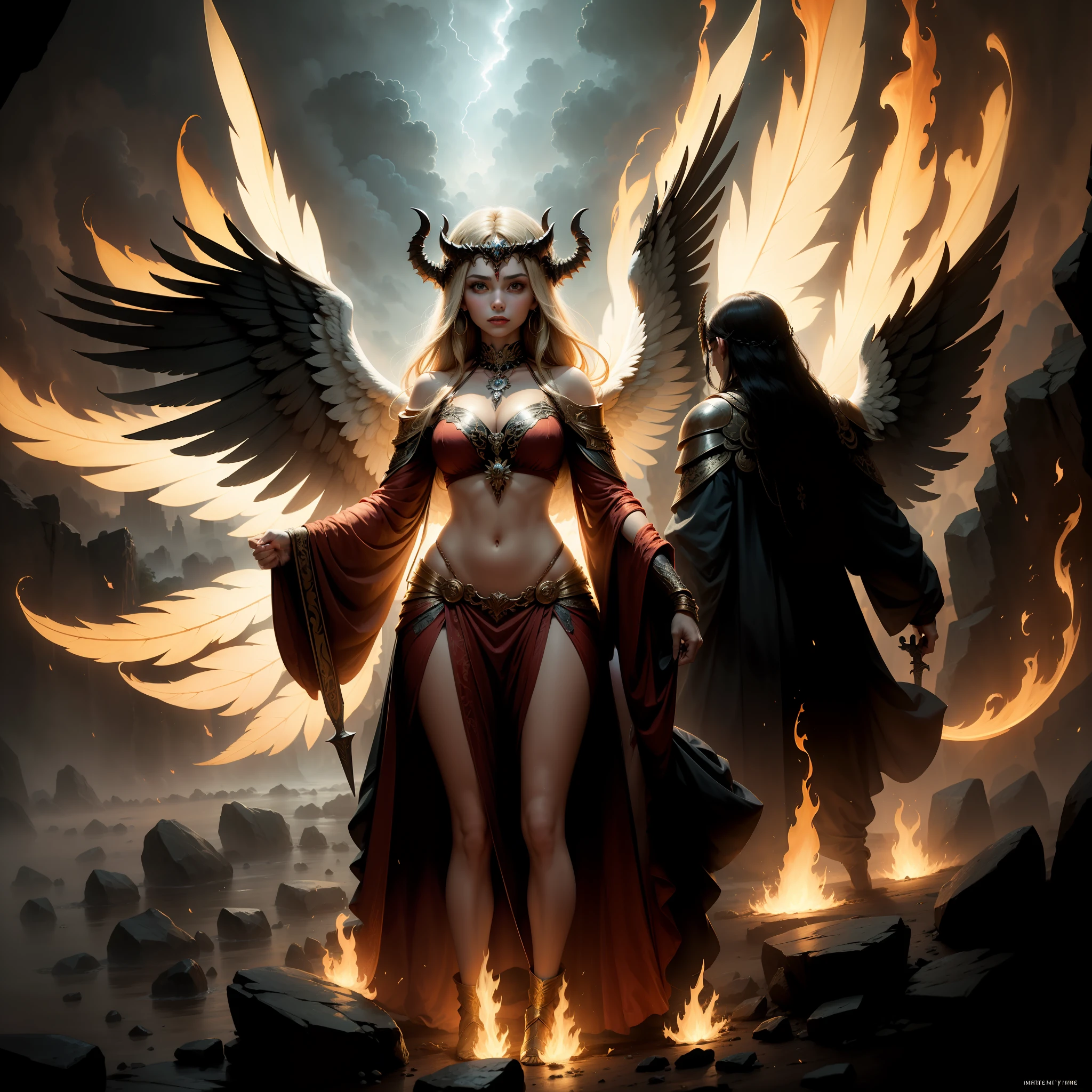 tmasterpiece,Super-High Resolution,A beautiful angel stands on a mountain rock with eagle wings,Swing your sword and slash at a bat demon,Angels are blazing with fire and fighting demons,The sky in the background is lit and flaming,The sky is half dark and half clear,There were a few lightning bolts in the gloom,The angel shines with light,㣦Clown bat devil,