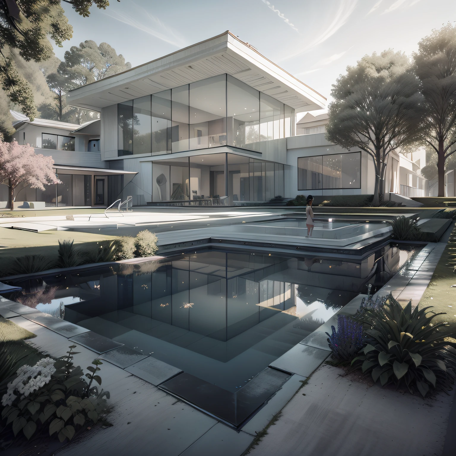 Organic modern architecture on a fairly large plot, from , there is a swimming pool in the middle of a large house of a flower, color of the house in chocolate brown and black beams, large modern residence, flat roofs and garden, render luxcore, render oktane, a photorealistic rendering, architectural rendering, mantra rendering, architectural rendering, realistic rendering, architectural visualization, wellness pool, Architectural visualization, large green zones, with small zones of lavender flowers, green shrubs type lush green garden, as well as small water mirrors, swimming pool embedded in an area of sand, olive and pine trees around the house, paddle court next to the house