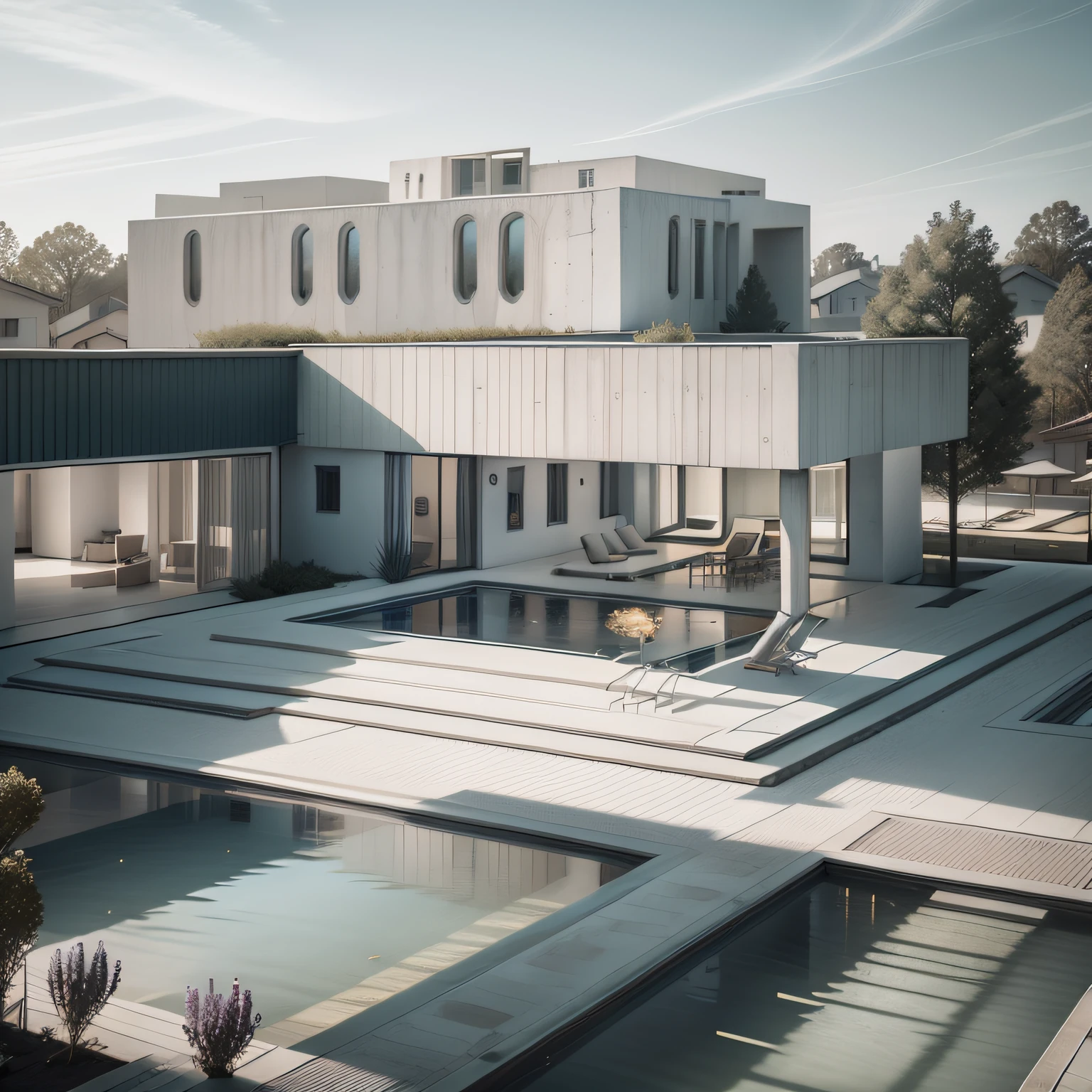 Organic modern architecture on a fairly large plot, from , there is a swimming pool in the middle of a large house of a flower, color of the house in chocolate brown and black beams, large modern residence, flat roofs and garden, render luxcore, render oktane, a photorealistic rendering, architectural rendering, mantra rendering, architectural rendering, realistic rendering, architectural visualization, wellness pool, Architectural visualization, large green zones, with small zones of lavender flowers, green shrubs type lush green garden, as well as small water mirrors, swimming pool embedded in an area of sand, olive and pine trees around the house, paddle court next to the house