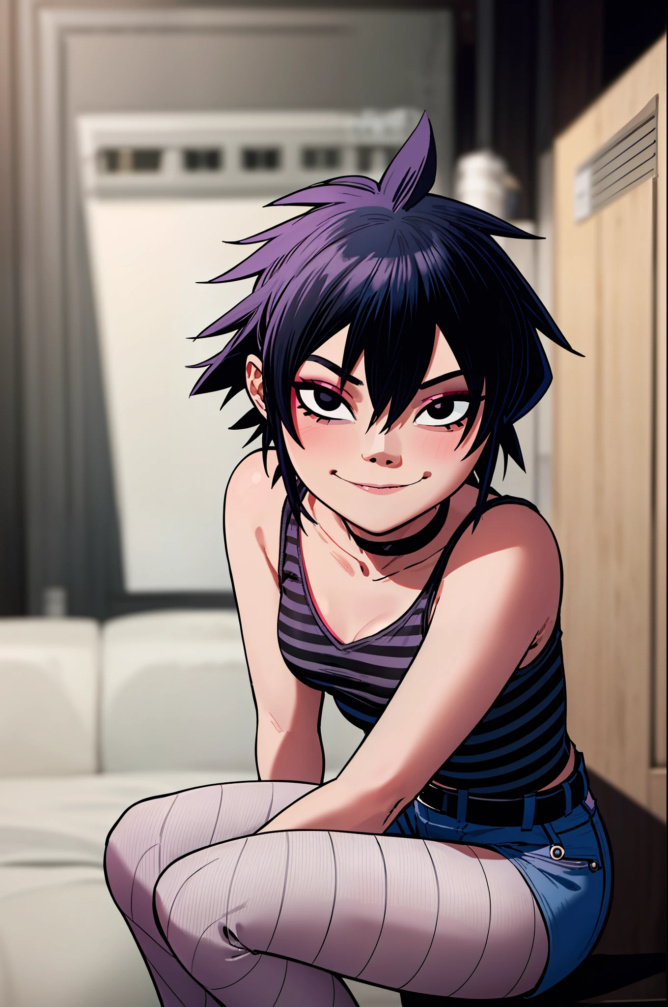 noodle (gorillaz), masterpiece, best quality, hair between eyes, purple hair, choker, belt, blush, looking at viewer, bangs, fishnets pantyhose, black and white colour striped shirt, taking off shirt, solo, blue hair, makeup, short hair, portrait, black eyes, small breasts, sexual expression, seductive smile, hair covering eyes, 5 fingers, hands on breasts, sitting on knees, breasts tease, detailed music studio background, denim shorts, detailed tummy, pink eye shadow, sfw, high boots,, décolleté, flirty