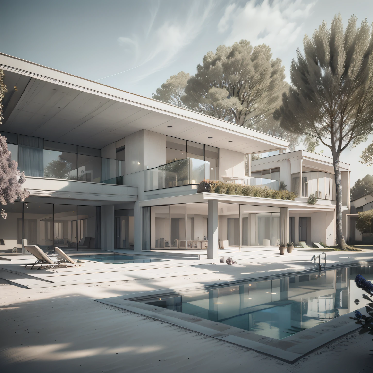 Organic modern architecture on a fairly large plot, from , there is a swimming pool in the middle of a large house of a flower, color of the house in chocolate brown and black beams, large modern residence, flat roofs and garden, render luxcore, render oktane, a photorealistic rendering, architectural rendering, mantra rendering, architectural rendering, realistic rendering, architectural visualization, wellness pool, Architectural visualization, large green zones, with small zones of lavender flowers, green shrubs type lush green garden, as well as small water mirrors, swimming pool embedded in an area of sand, olive and pine trees around the house, paddle court next to the house