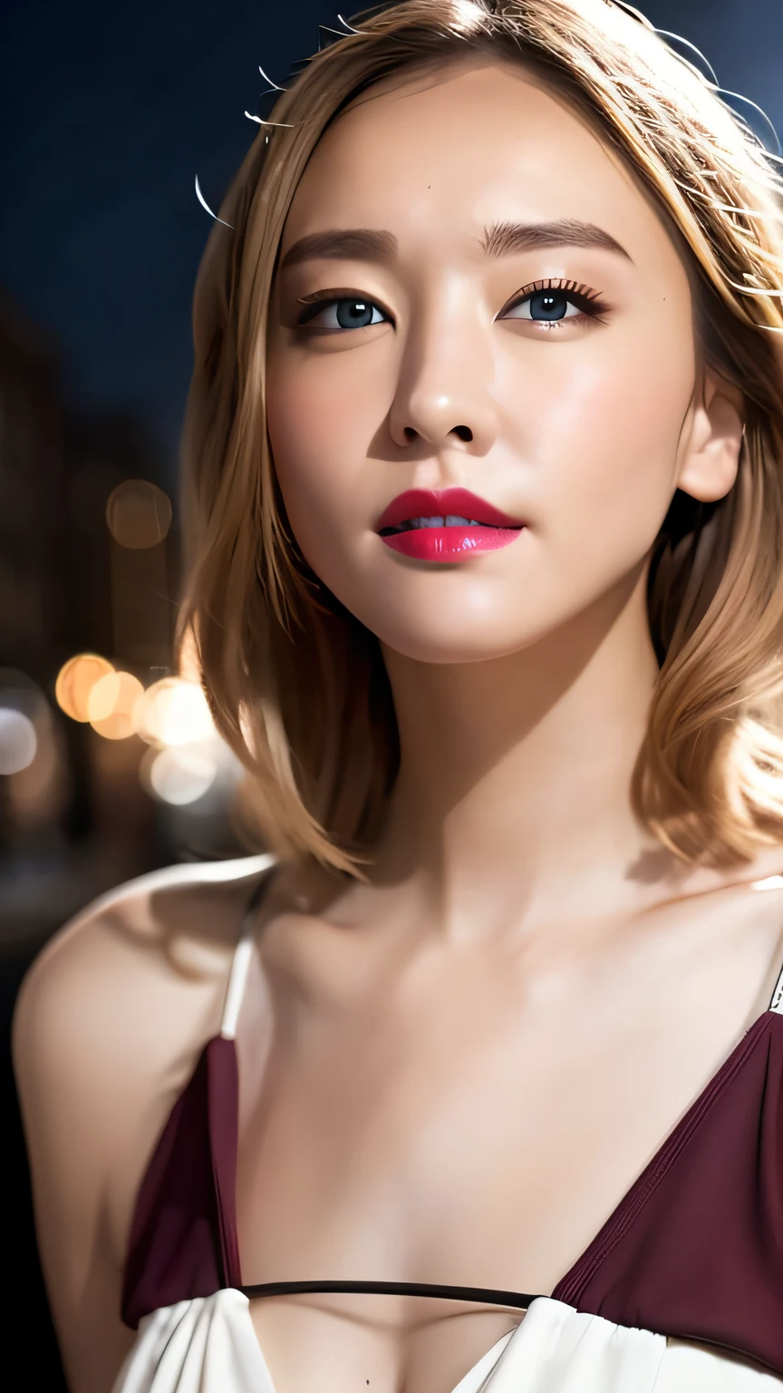 Blonde and semi-long hair, bright blue eyes, bright red lips, slender body, big breasts, big ass, night street, face lighting, bright backlight, ultra high resolution, best quality, photo, 4K, (photorealistic: 1.2), blonde, long hair