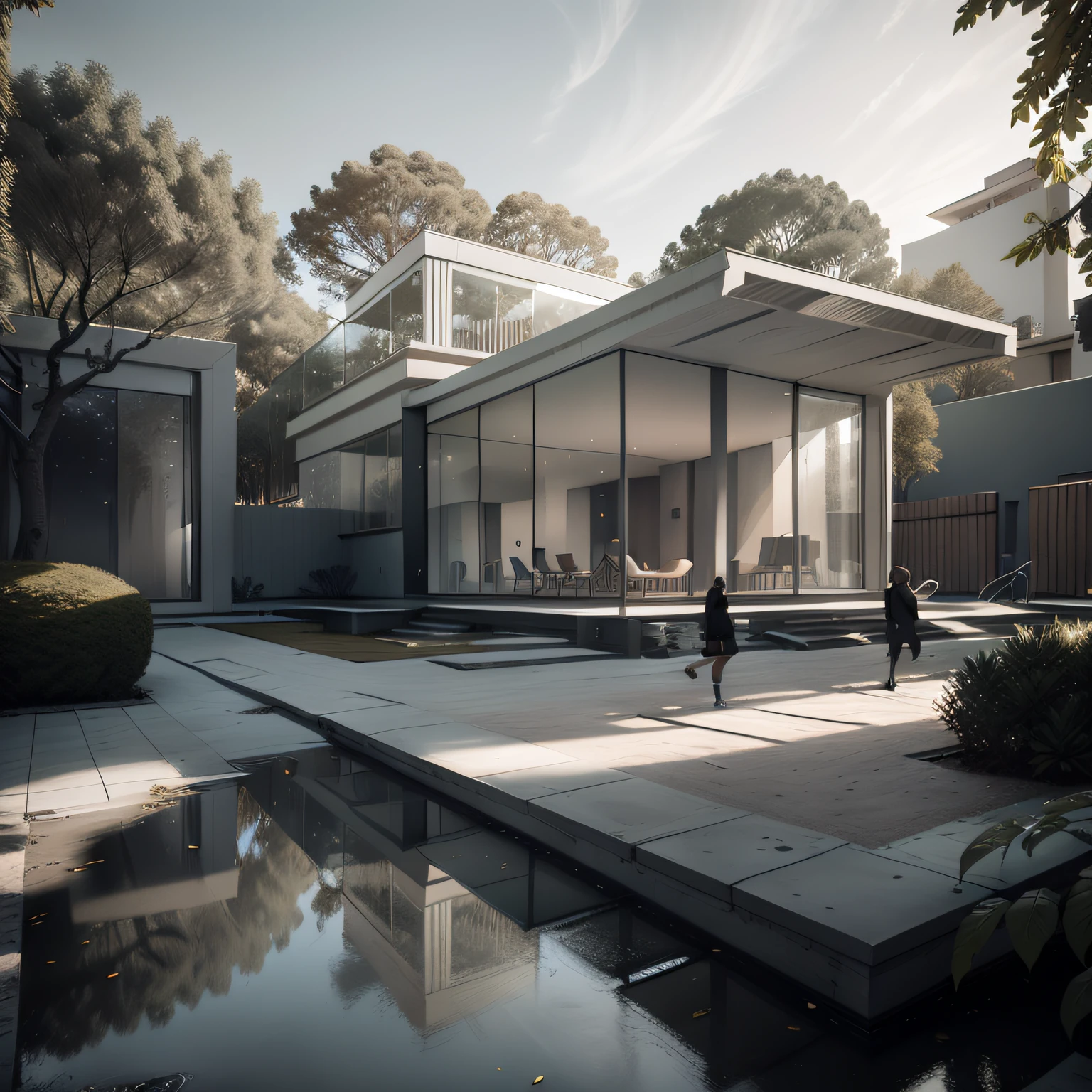 Organic modern architecture on a fairly large plot, na montanha, arquitectura de dome, de , , cor da casa em vigas marrom chocolate e preto, large modern residence, telhados planos e jardim, render luxcore, render oktane, a photorealistic rendering, architectural render, mantra rendering, architectural render, realism rendering, architectural visualisation, piscina de bem-estar, architectural visualisation,  grandes zonas verdes, com pequenas zonas de flores de lavanda, arbustos verdes tipo exuberante jardim verde, as well as small water mirrors, swimming pool embedded in an area of sand, oliveiras e pinheiros ao redor da casa, quadra de padel ao lado da casa