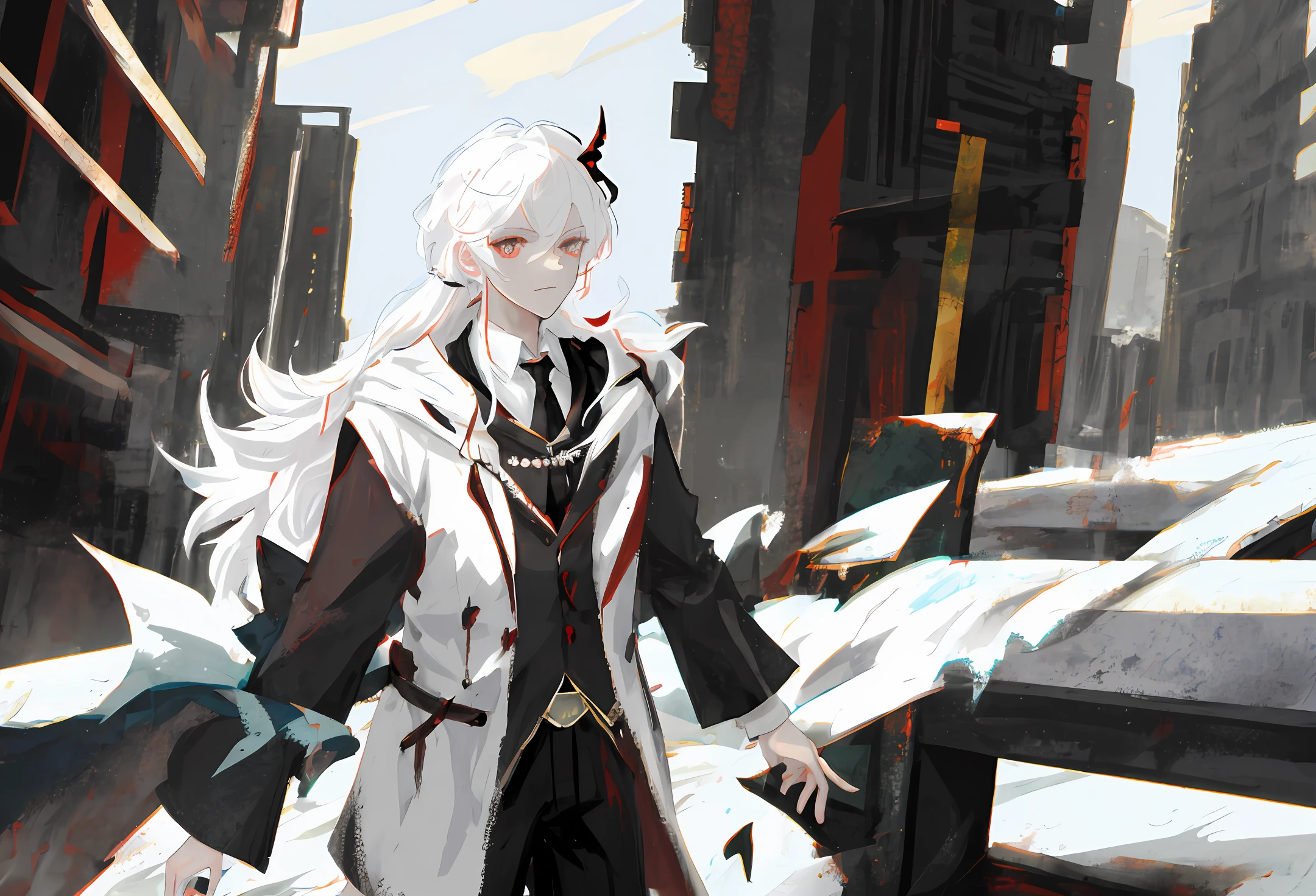 White hair,Red eyes,a black trench coat,Tall