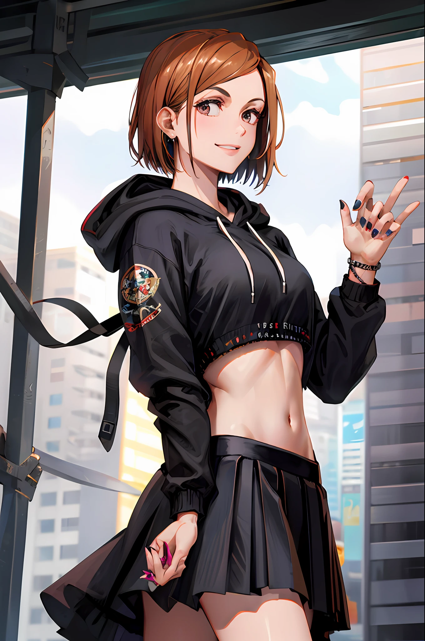 1girl, beautiful NobaraJK, long_sleeves, hood, hood_down, hoodie, skirt, smile, cropped_hoodie, navel, crop_top, nail_polish, stomach, black_hoodie, black_skirt, midriff, pleated_skirt, volumetric lighting, best quality, masterpiece, intricate details, tonemapping, sharp focus, hyper detailed, trending on Artstation,