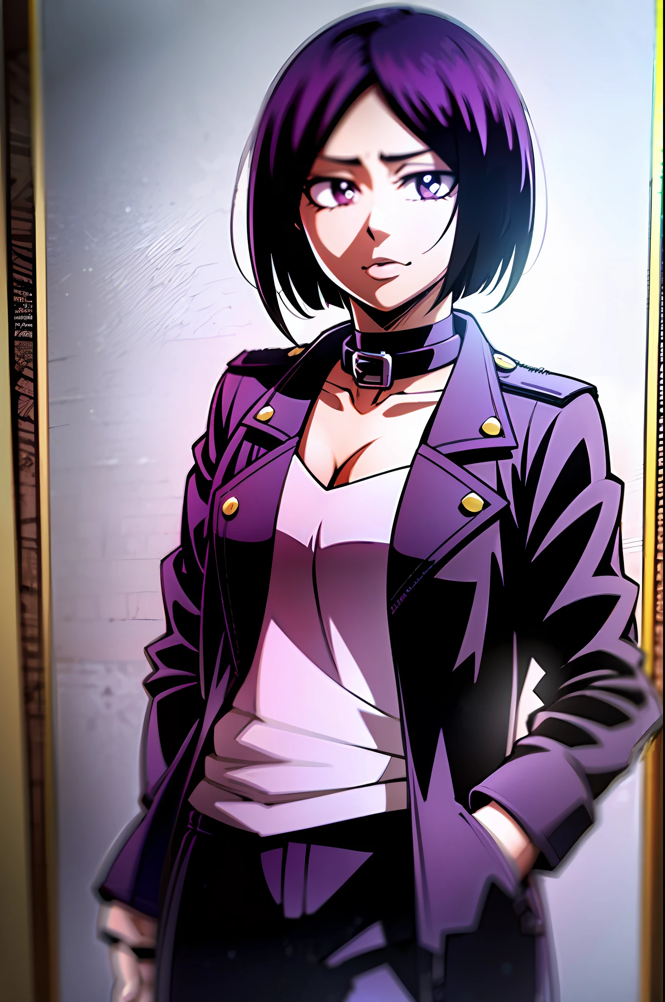 1girl, purple eyes and dark purple hair, bob cut, medium length haircut, black leather jacket, long red-colored shirt with several rips at the collar and hem, black pants, black choker, (bleach and boku no hero academia style), (illustrated by Kohei Horikoshi and Tite Kubo), (style mixing), Kyoka Jiro, Rukia Kuchiki, (character mixing)