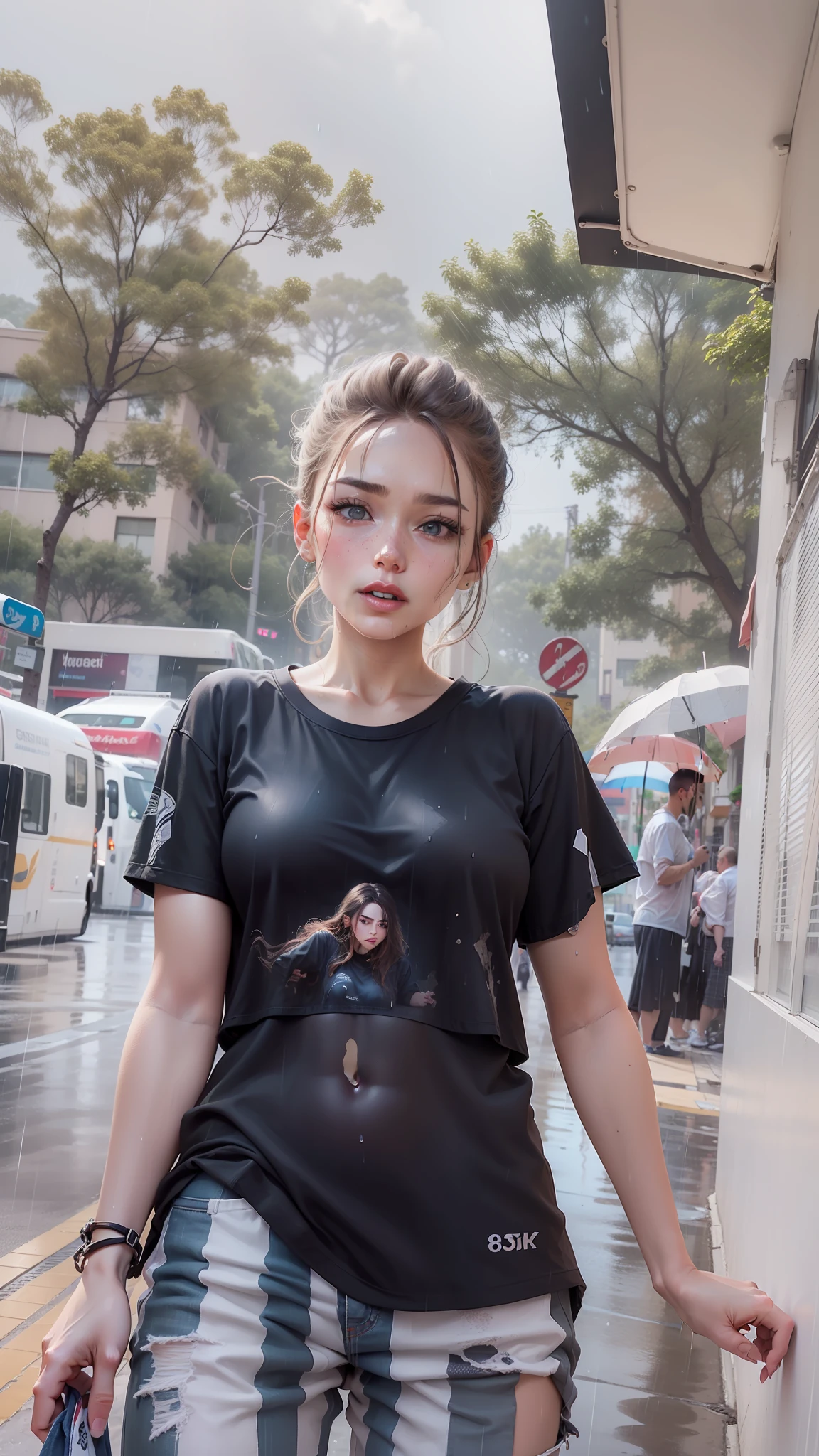 ((Best Quality, 8K, Masterpiece:1.3)), Focus: 1.2, Perfect Body Beauty: 1.4, Buttocks: 1.2, ((Layered Haircut, Beautiful Breasts: 1.2)), (Wet Clothes: 1.1) , (Rain, Street:1.3), Loose Clothes, (Crop Top T-shirt: 1.1), Crinkled skirt, highly detailed face and skin texture, Fine eyes, Double eyelids, whitened skin, messy hair: 1.2, Long hair, (Shut up: 1.3),