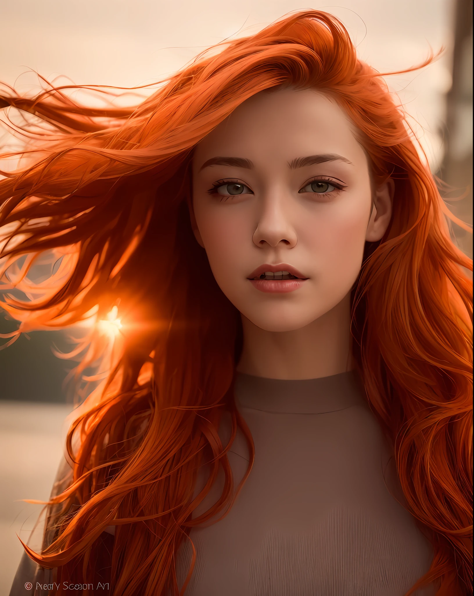 a close up of a woman with long red hair and a shirt, flowing ginger hair, long ginger hair windy, redhead woman, ginger wavy hair, orange skin and long fiery hair, redhead girl, ginger hair, wild ginger hair, beautiful redhead woman, orange glowing hair, flowing backlit hair, red hair and attractive features, flowing red hair, orange flowing hair