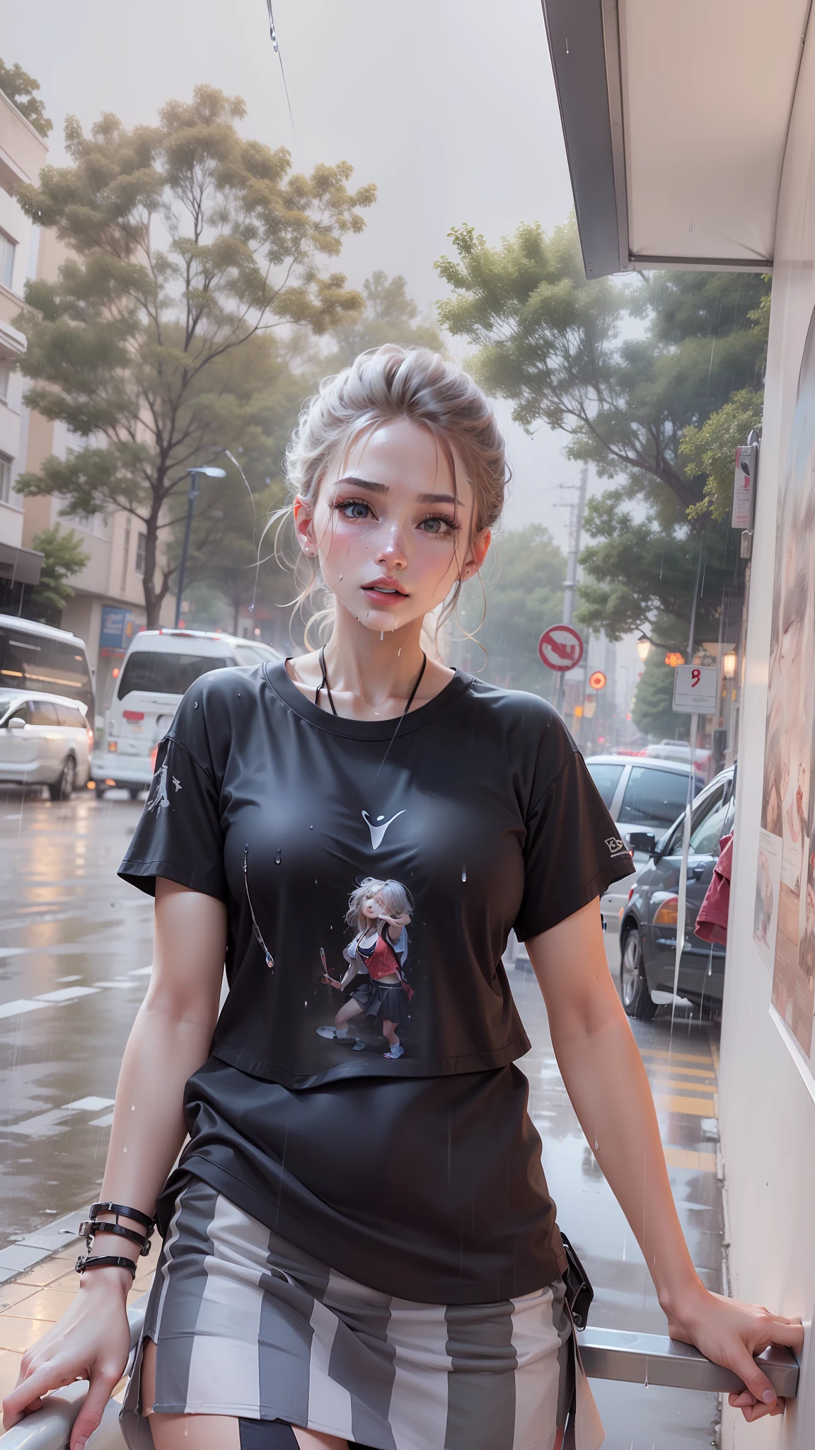 ((Best Quality, 8K, Masterpiece:1.3)), Focus: 1.2, Perfect Body Beauty: 1.4, Buttocks: 1.2, ((Layered Haircut, Beautiful Breasts: 1.2)), (Wet Clothes: 1.1) , (Rain, Street:1.3), Loose Clothes, (Crop Top T-shirt: 1.1), Crinkled skirt, highly detailed face and skin texture, Fine eyes, Double eyelids, whitened skin, messy hair: 1.2, Long hair, (Shut up: 1.3),