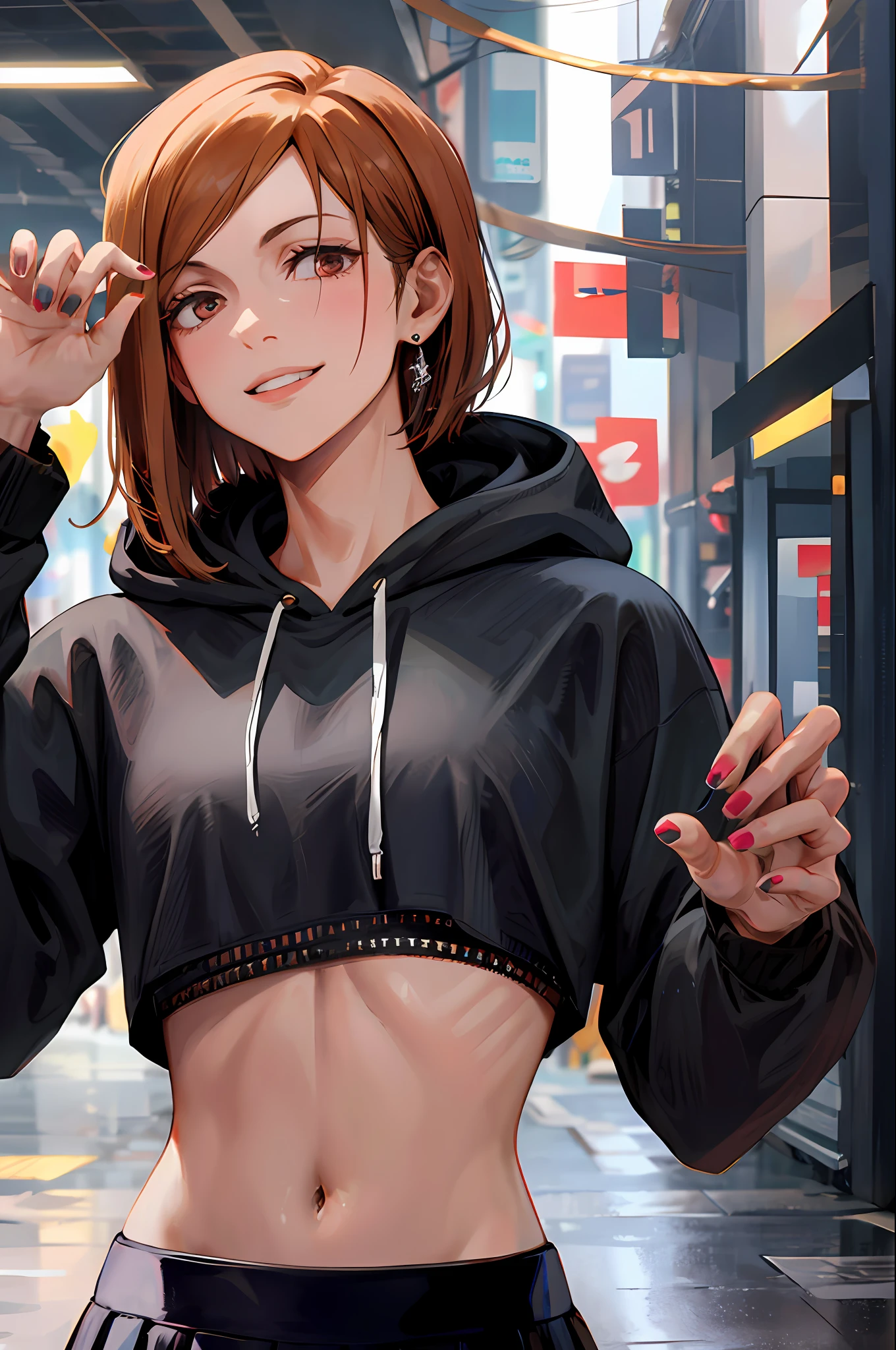 1girl, beautiful NobaraJK, long_sleeves, hood, hood_down, hoodie, skirt, smile, cropped_hoodie, navel, crop_top, nail_polish, stomach, black_hoodie, black_skirt, midriff, pleated_skirt, volumetric lighting, best quality, masterpiece, intricate details, tonemapping, sharp focus, hyper detailed, trending on Artstation,